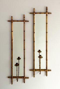 Coppia vintage di Candelabri a specchio in finto bambù italiano