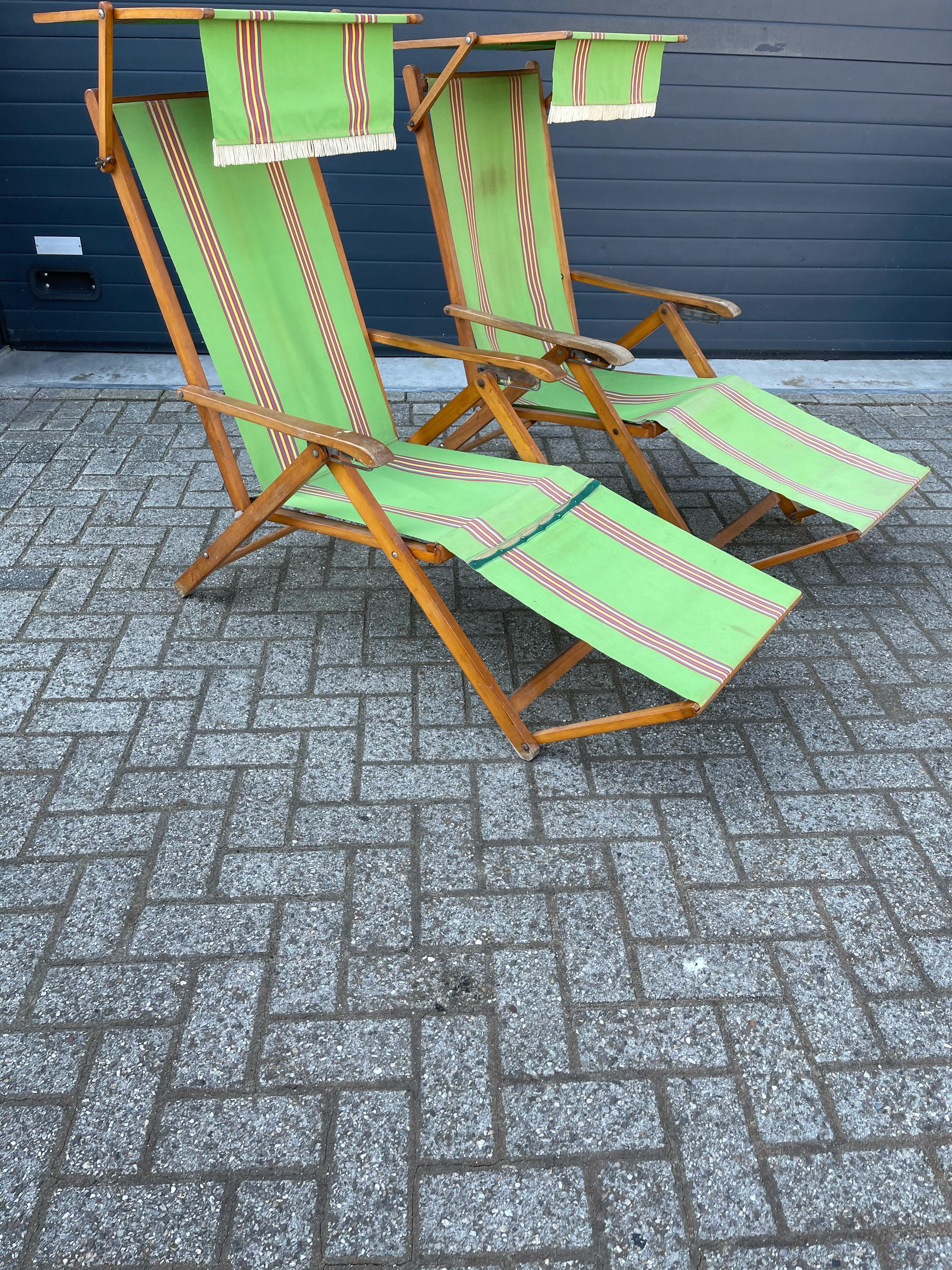 Vintage Pair of Italian Folding Beechwood Sun Beach Chairs by Brevetti Reguitti 1