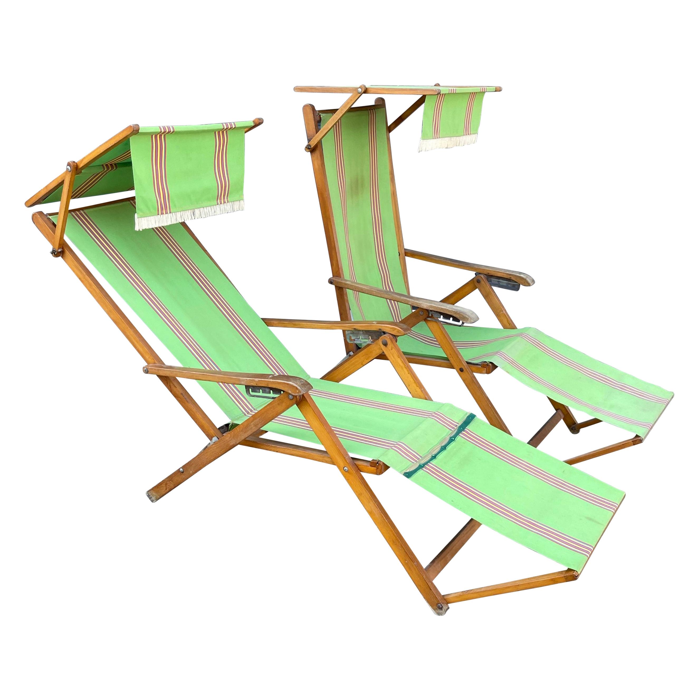 Vintage Pair of Italian Folding Beechwood Sun Beach Chairs by Brevetti Reguitti
