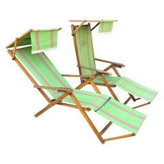 Retro Pair of Italian Folding Beechwood Sun Beach Chairs by Brevetti Reguitti