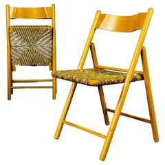 Retro Pair of Italian Folding Chairs, Beach with Seagrass Seats