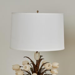 Vintage Pair of Italian Gilt Metal and Alabaster Floral Table Lamps