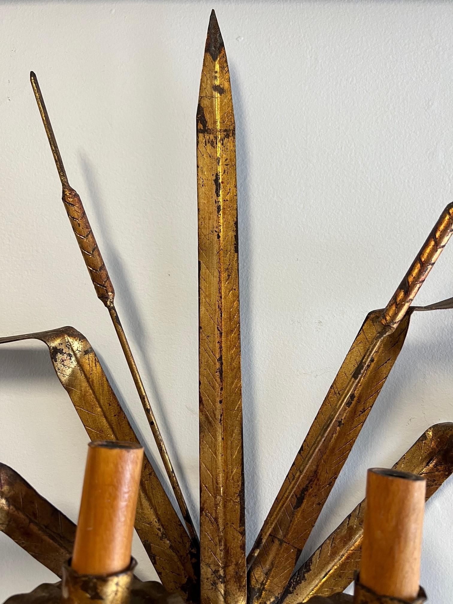 Vintage Pair of Italian Gilt Metal Sconces with Cattails For Sale 9