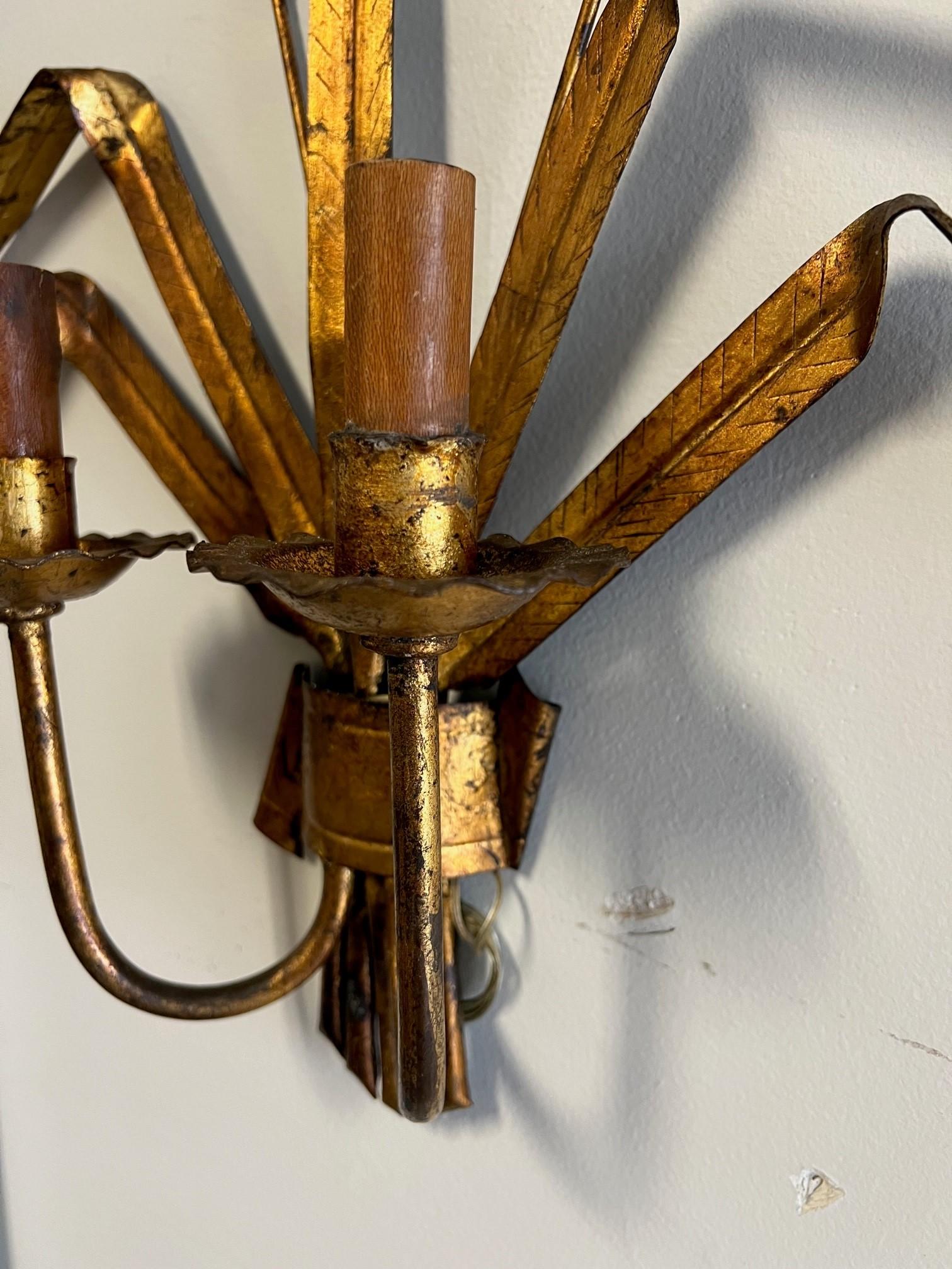 Vintage Pair of Italian Gilt Metal Sconces with Cattails For Sale 2