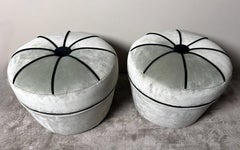 Vintage Pair Of Italian Gray Velvet Ottomans With Black Trim