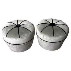 Vintage Pair Of Italian Gray Velvet Ottomans With Black Trim