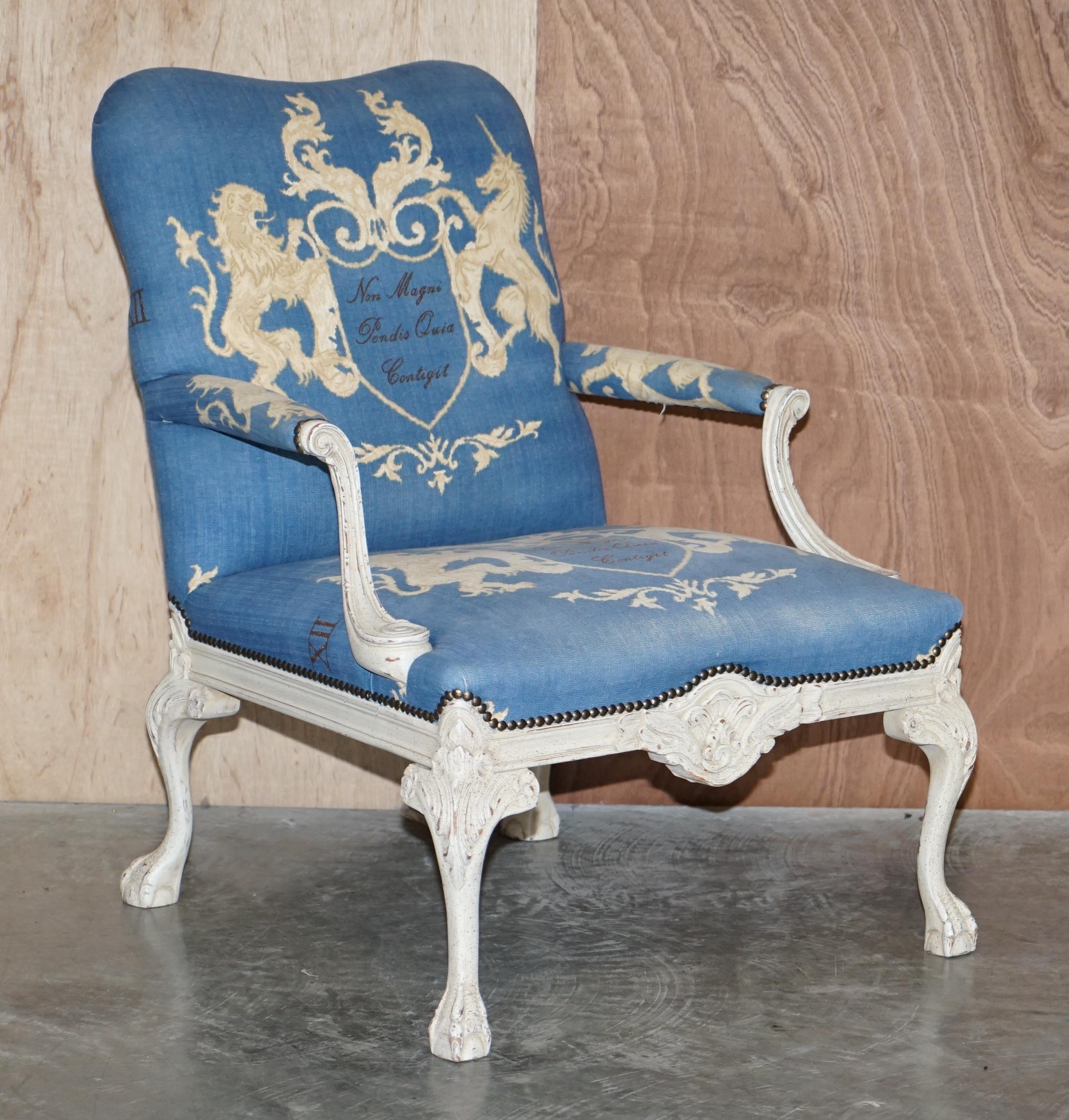 We are delighted to offer for sale these stunning vintage Italian hand carved armchairs with antiqued paint finish, Claw & Ball feet and Armorial Crest, Coat of Arms upholstery 

These chairs are simply exquisite, the upholstery is covered in