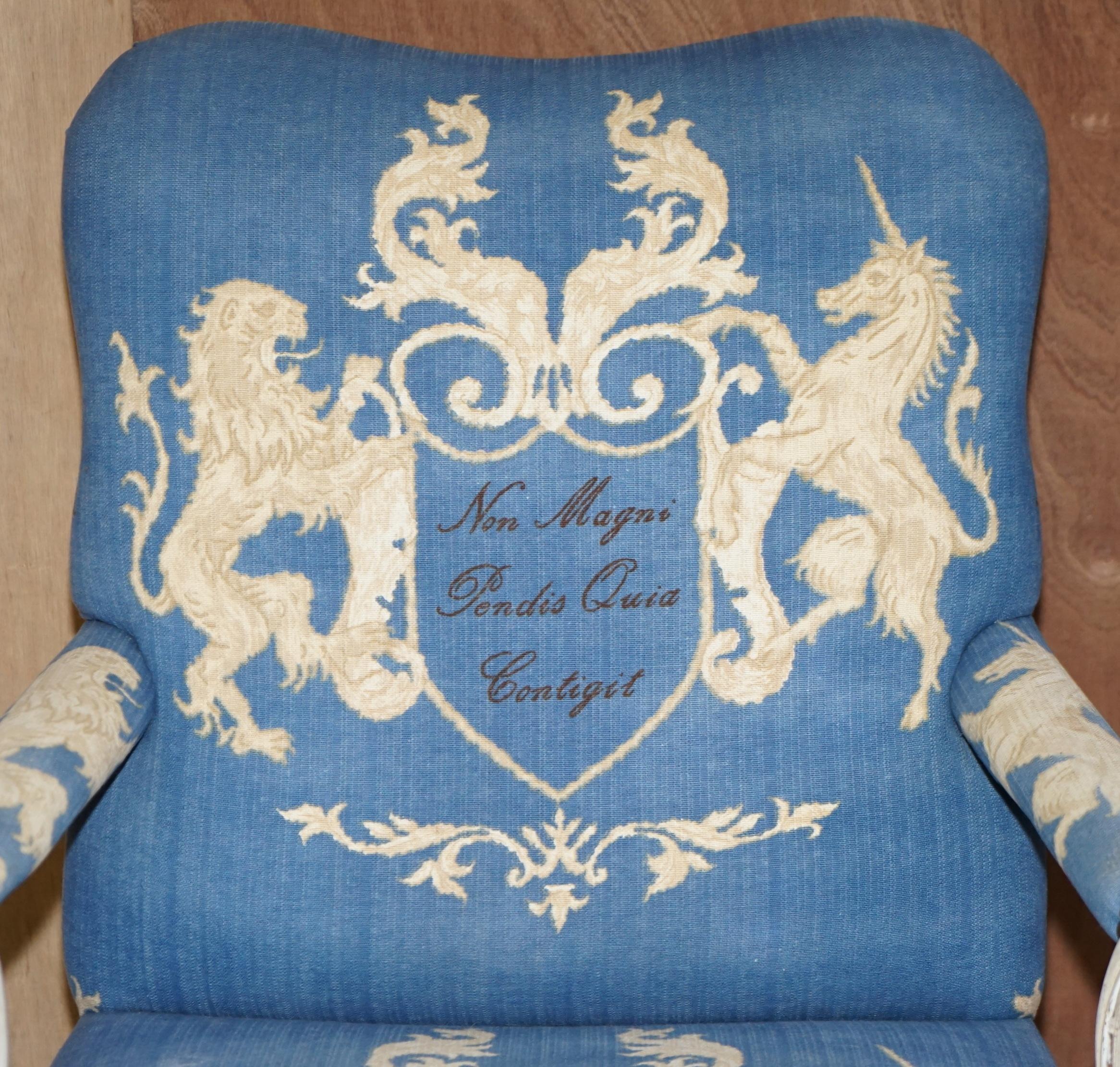 Victorian Vintage Pair of Italian Hand Painted Armchair Coat of Arms Armorial Upholstery