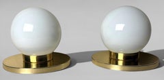 Vintage Pair Of Italian Lamps With Brass Bases And Opal Glass Shades