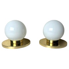 Vintage Pair Of Italian Lamps With Brass Bases And Opal Glass Shades