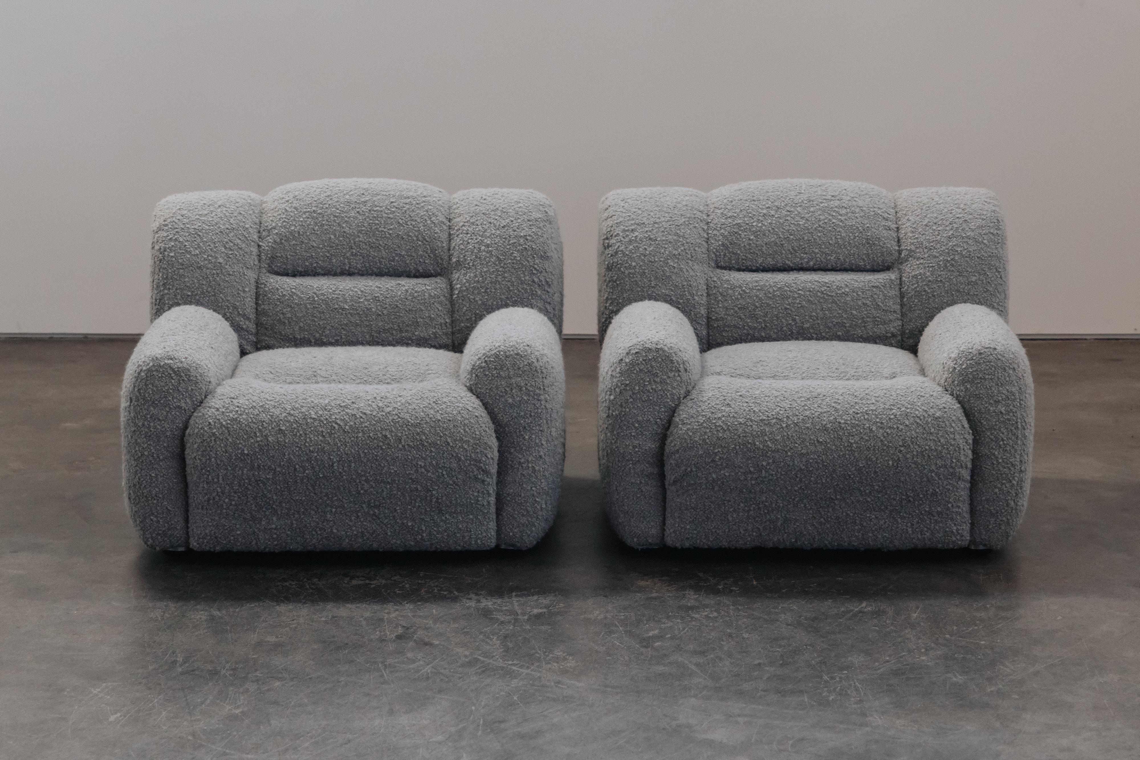 Vintage Pair Of Italian Lounge Chairs From Italy, Circa 1970.  Large and comfortable model with light grey boucle and chrome detail.  Excellent condition.