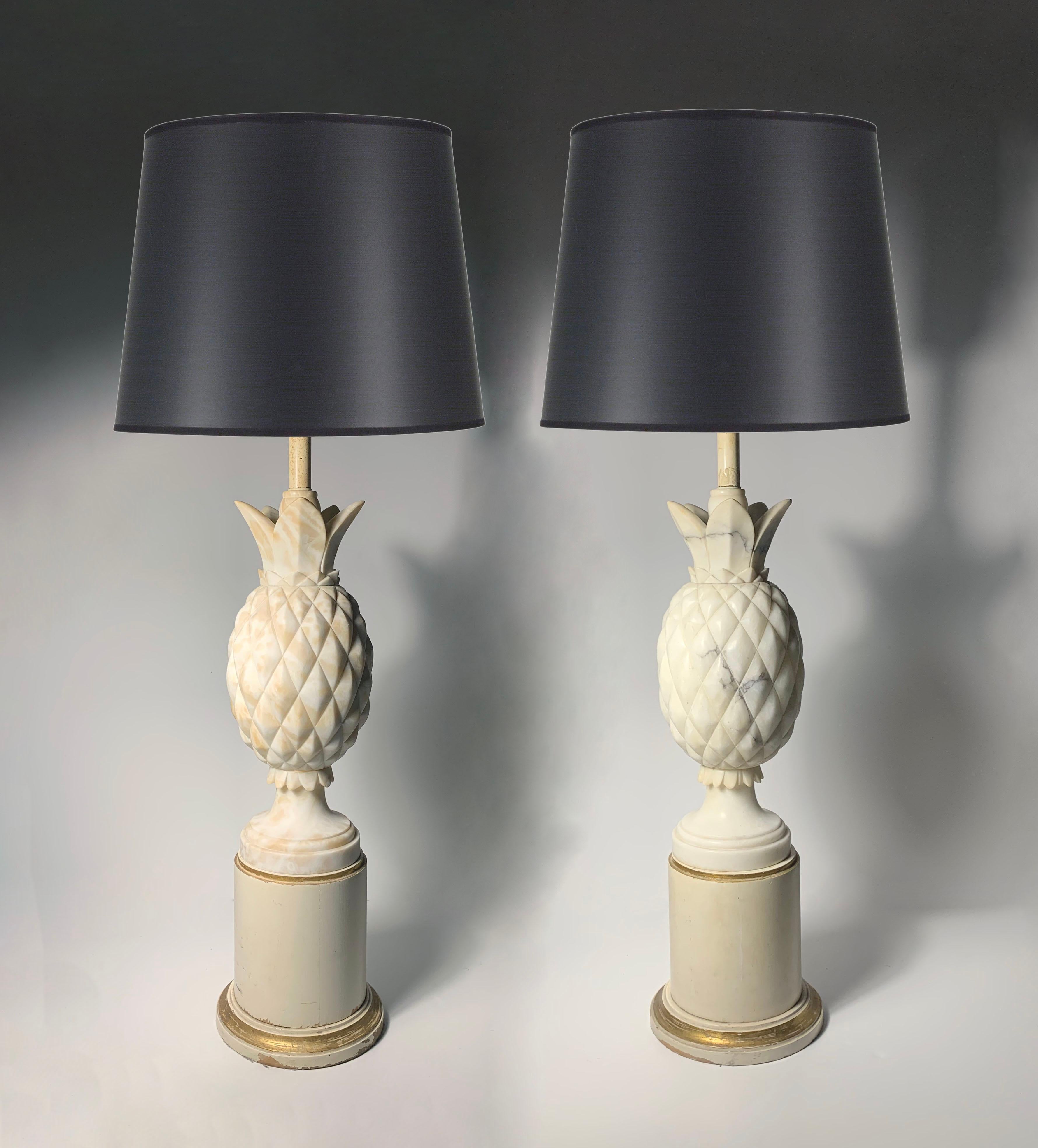 Vintage Pair of Italian Marble Pineapple Lamps. Not exactly sure of the material. Assuming it is Marble or Alabaster. Or possibly one is Marble and one is Alabaster.  The possible Alabaster one shows light tan areas that are either from agie, or