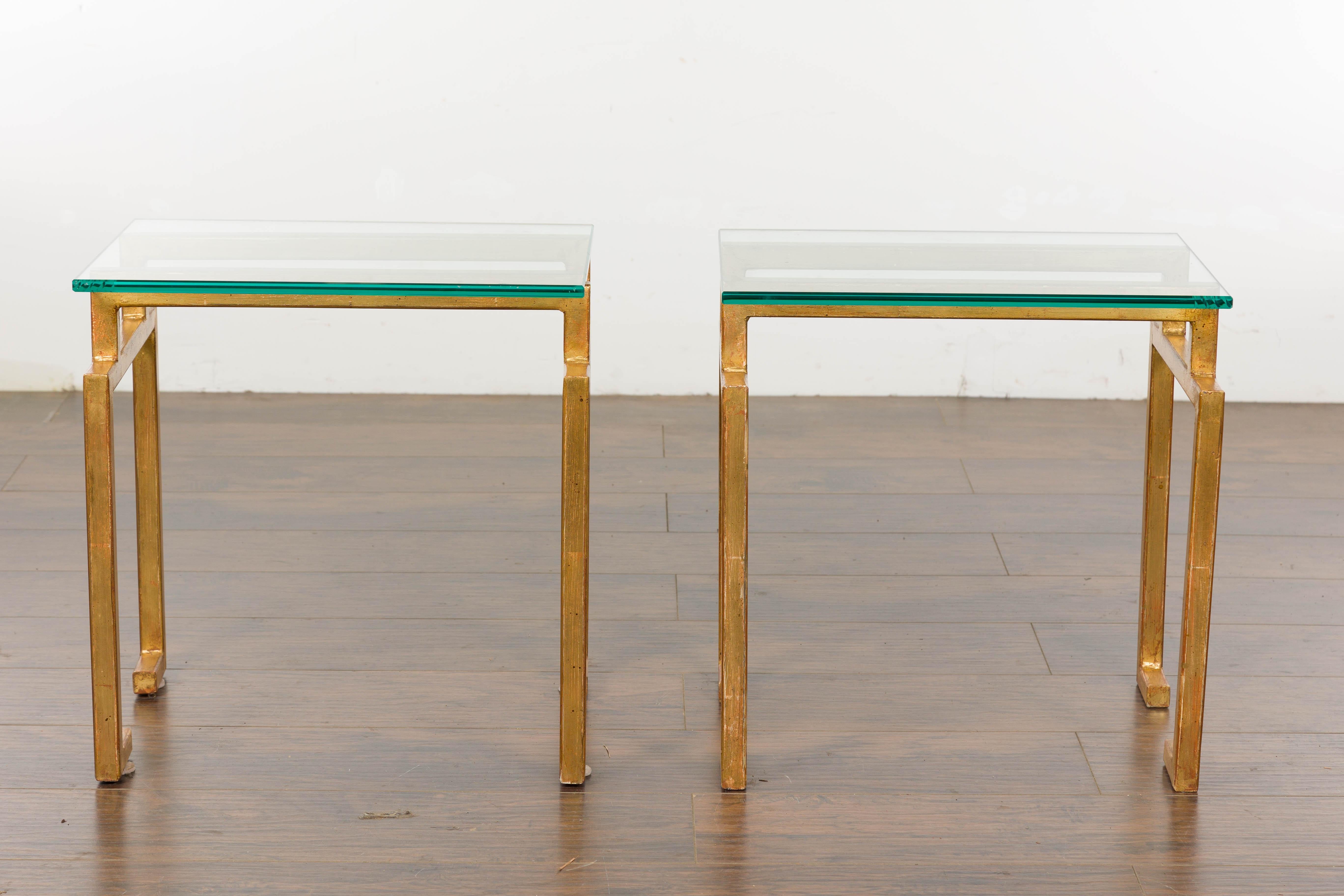 Mid-Century Modern Vintage Pair of Italian Midcentury Gilt Metal Side Tables with Glass Tops For Sale