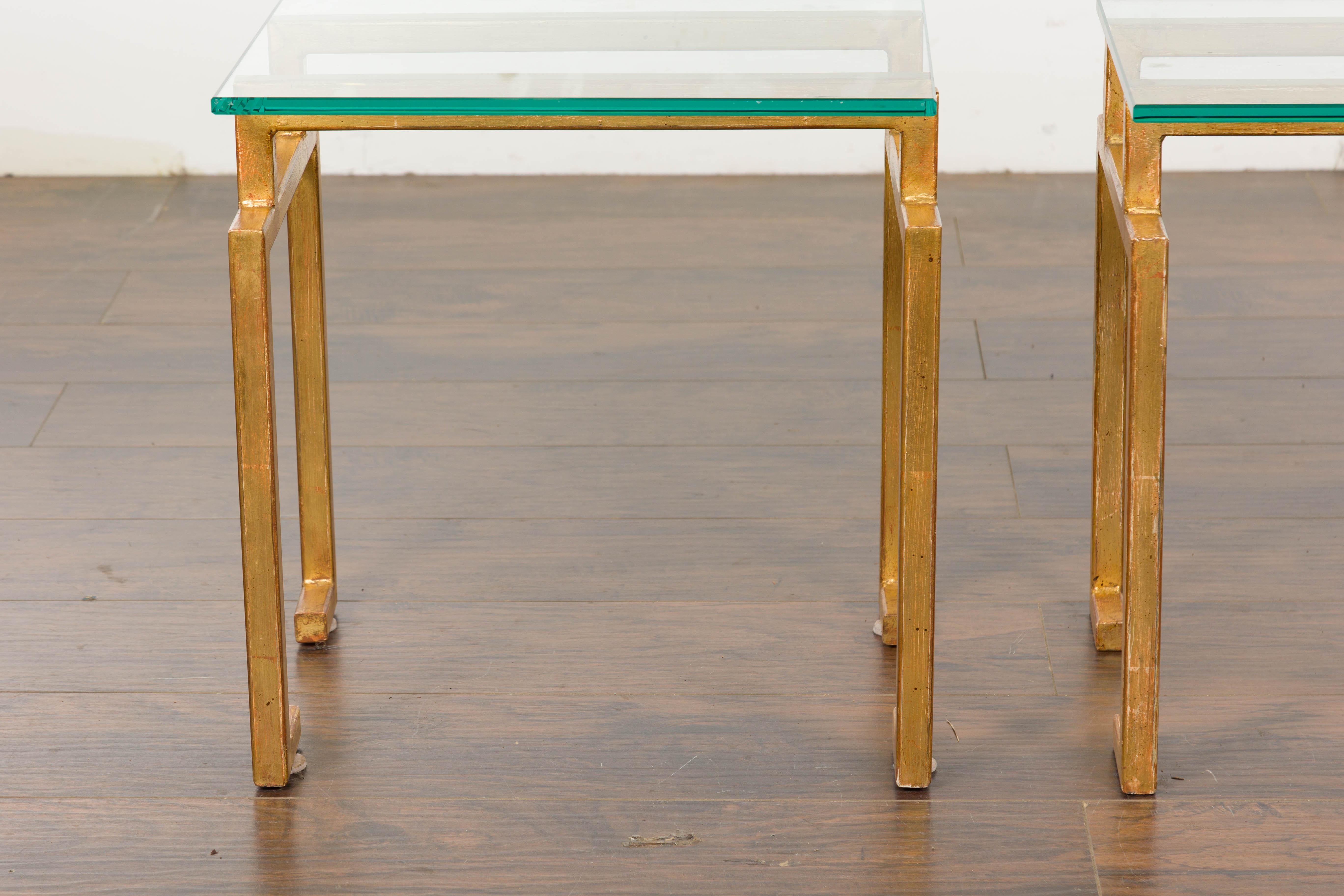 20th Century Vintage Pair of Italian Midcentury Gilt Metal Side Tables with Glass Tops For Sale