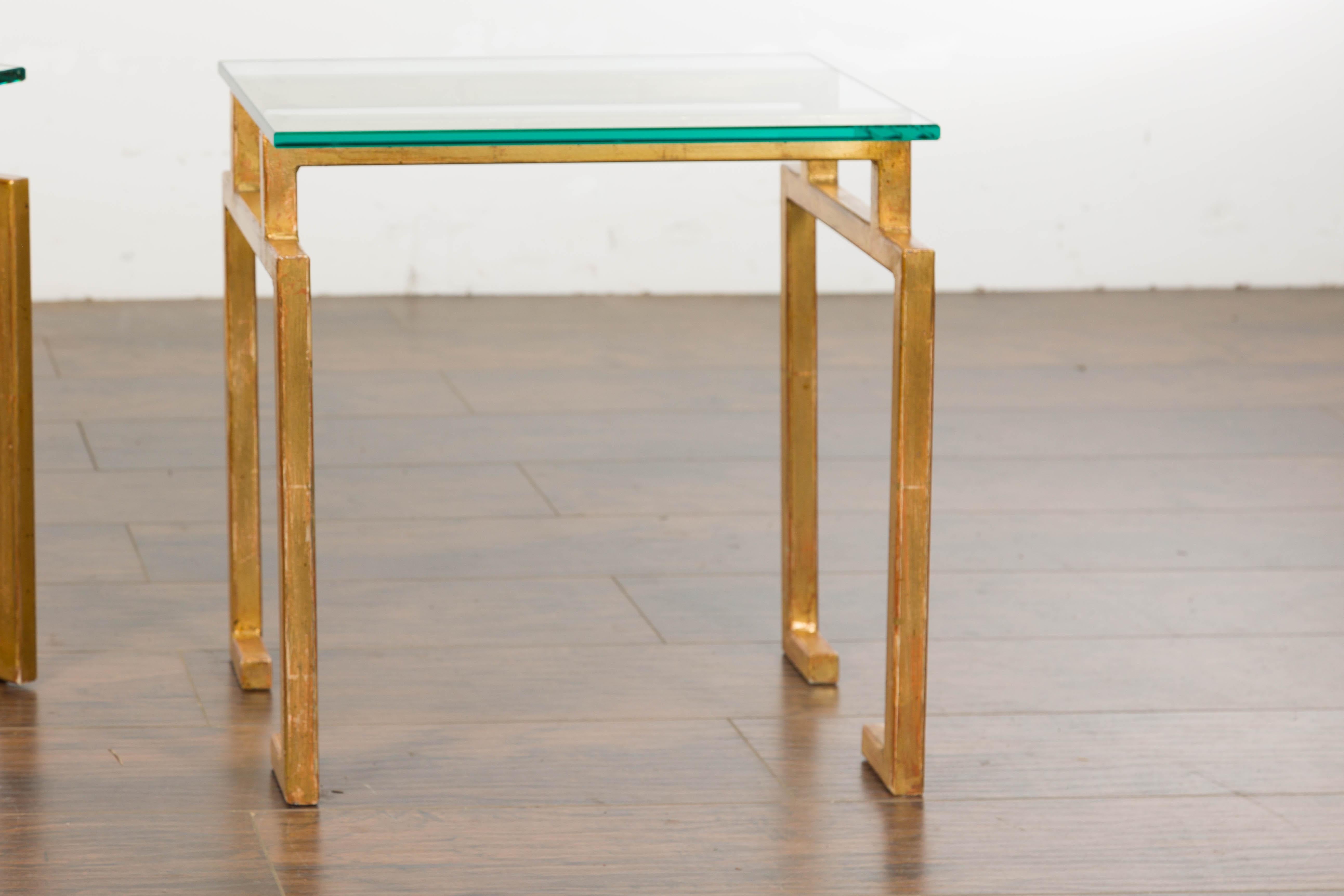 Vintage Pair of Italian Midcentury Gilt Metal Side Tables with Glass Tops For Sale 4
