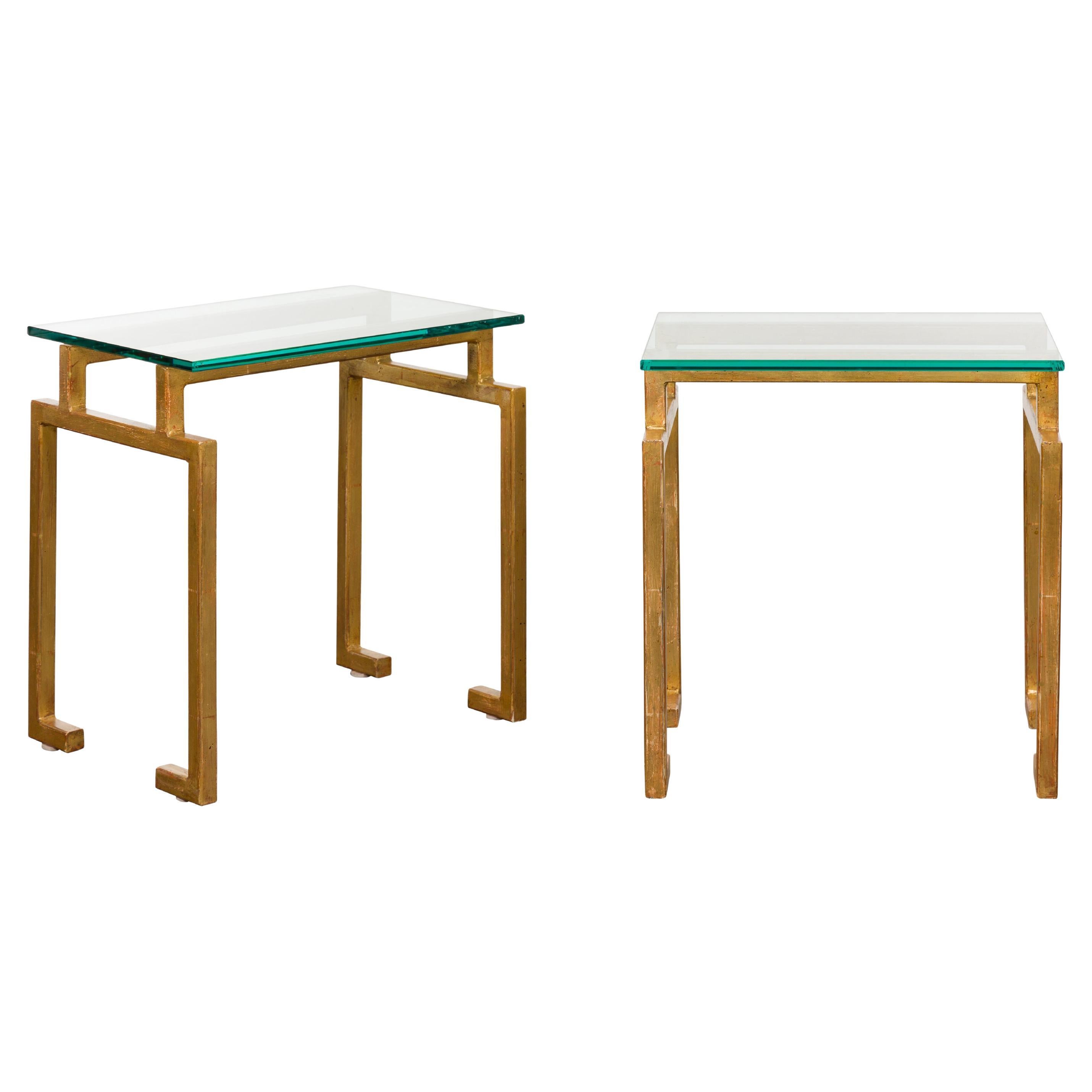 Vintage Pair of Italian Midcentury Gilt Metal Side Tables with Glass Tops For Sale