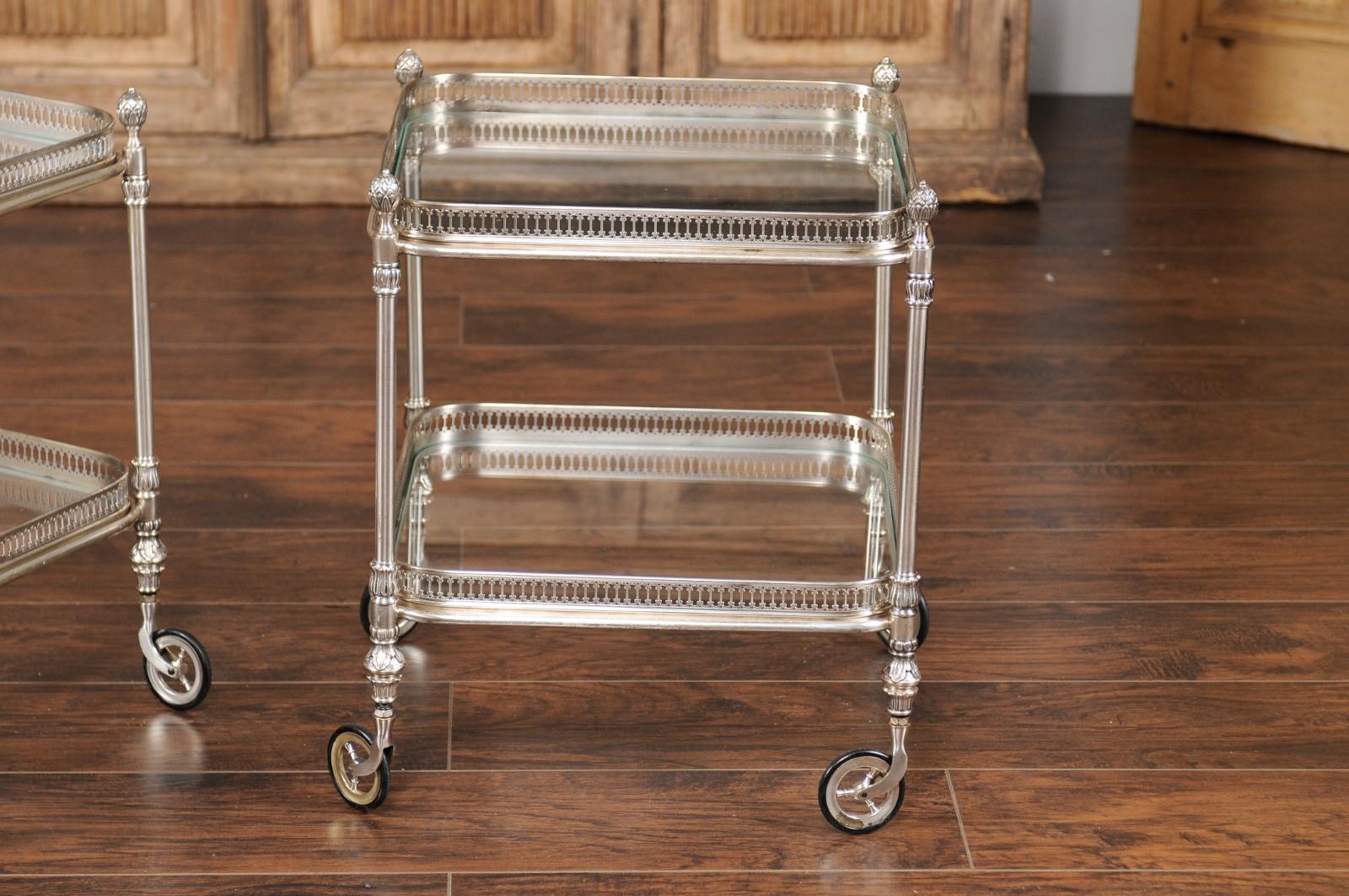 Vintage Pair of Italian Midcentury Silvered and Glass Trolleys with Galleries 5