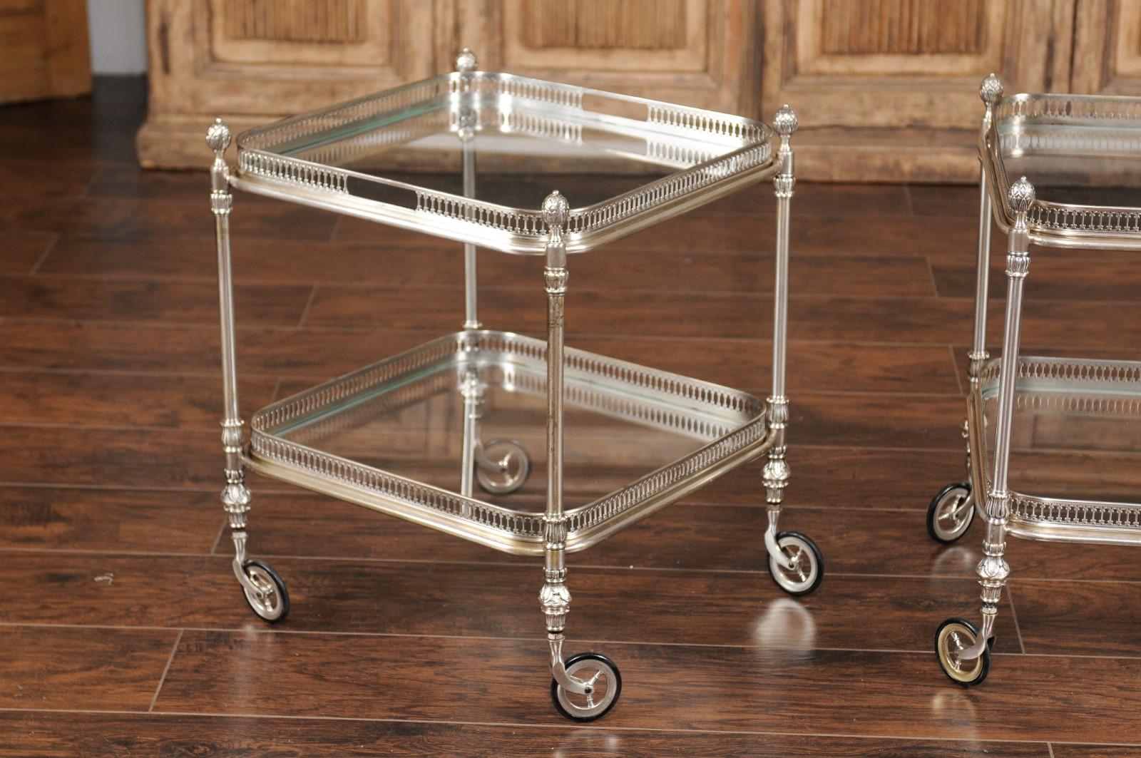 Vintage Pair of Italian Midcentury Silvered and Glass Trolleys with Galleries 6