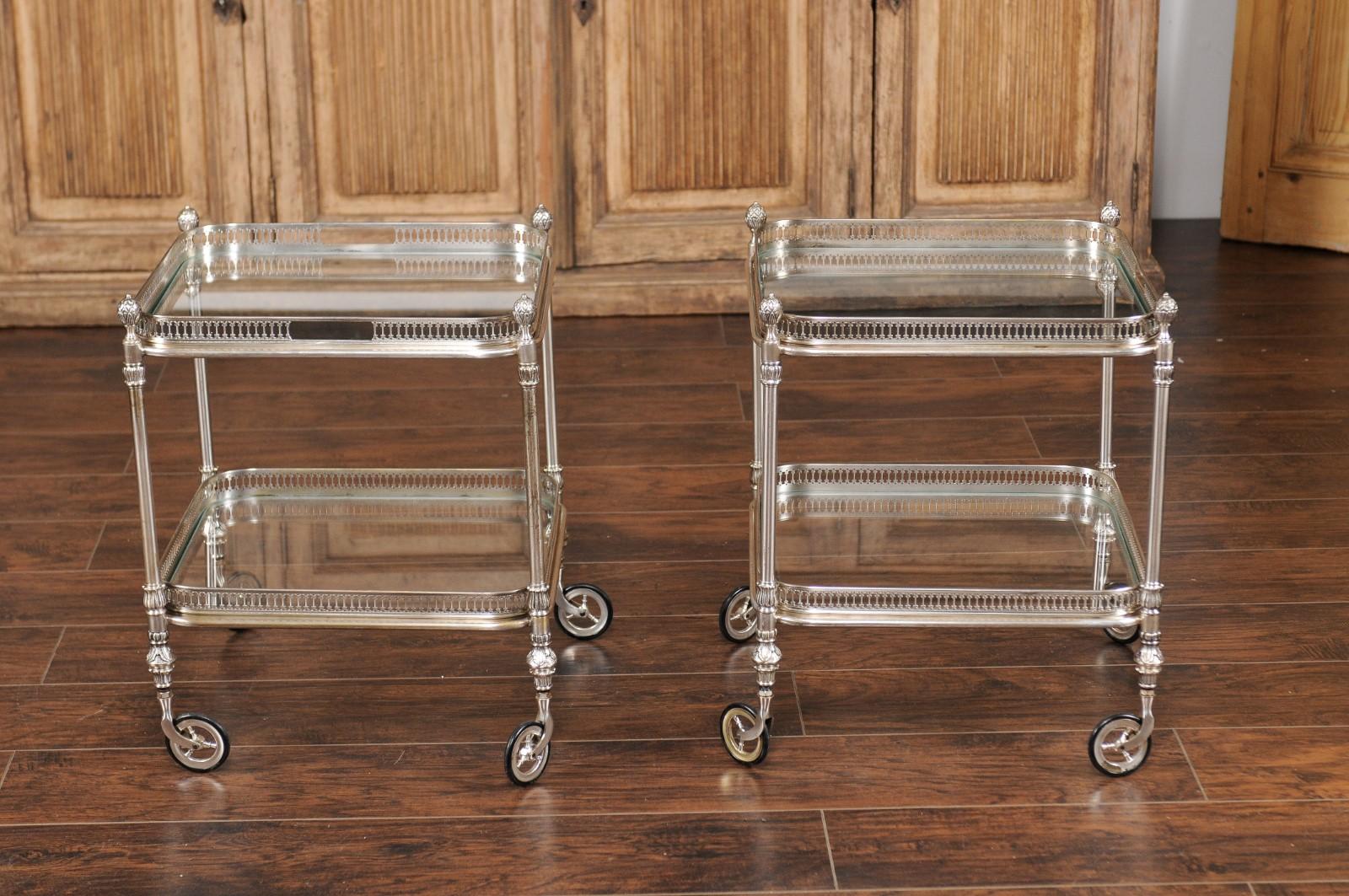 Vintage Pair of Italian Midcentury Silvered and Glass Trolleys with Galleries 7