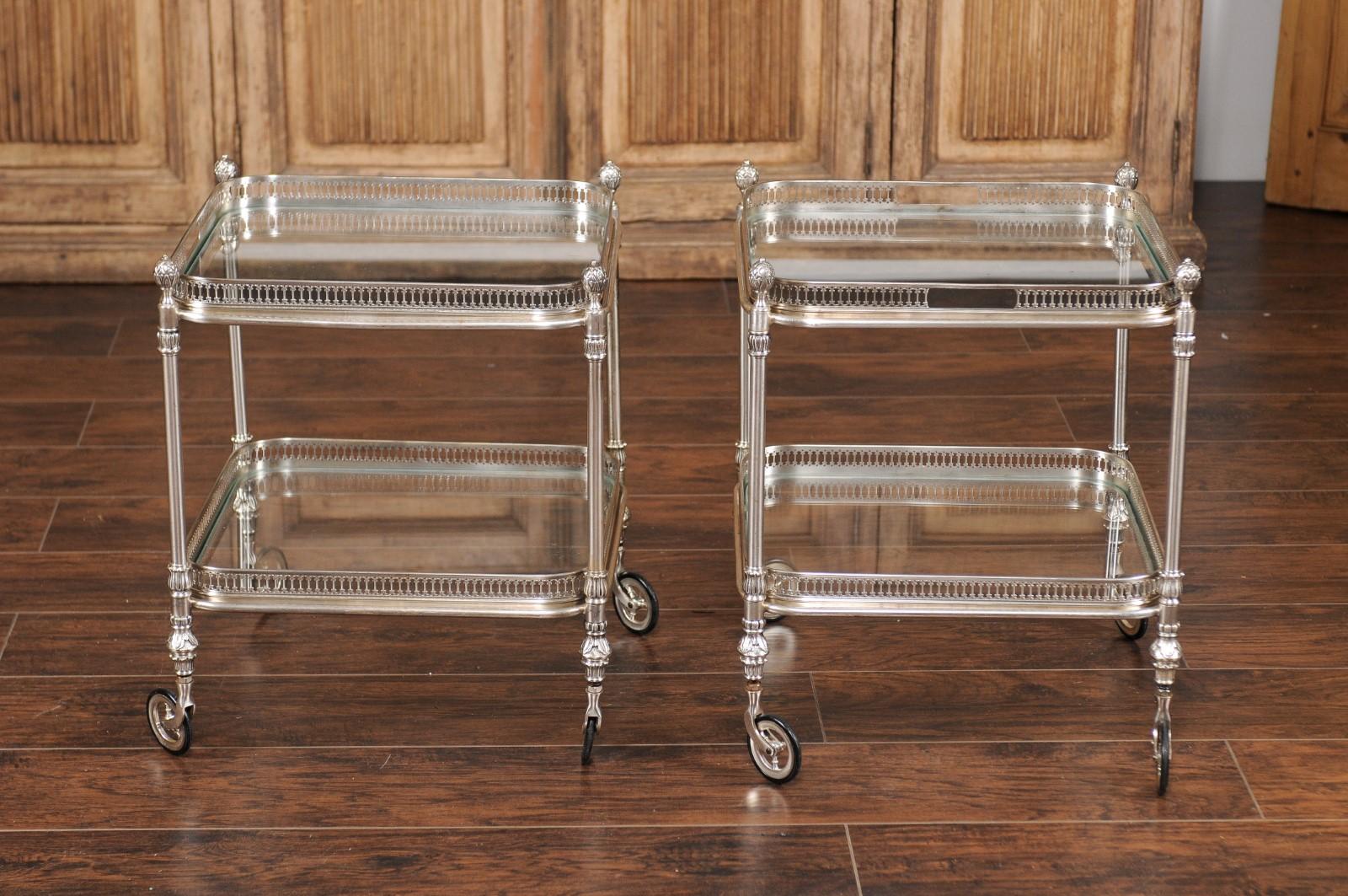 Vintage Pair of Italian Midcentury Silvered and Glass Trolleys with Galleries 8