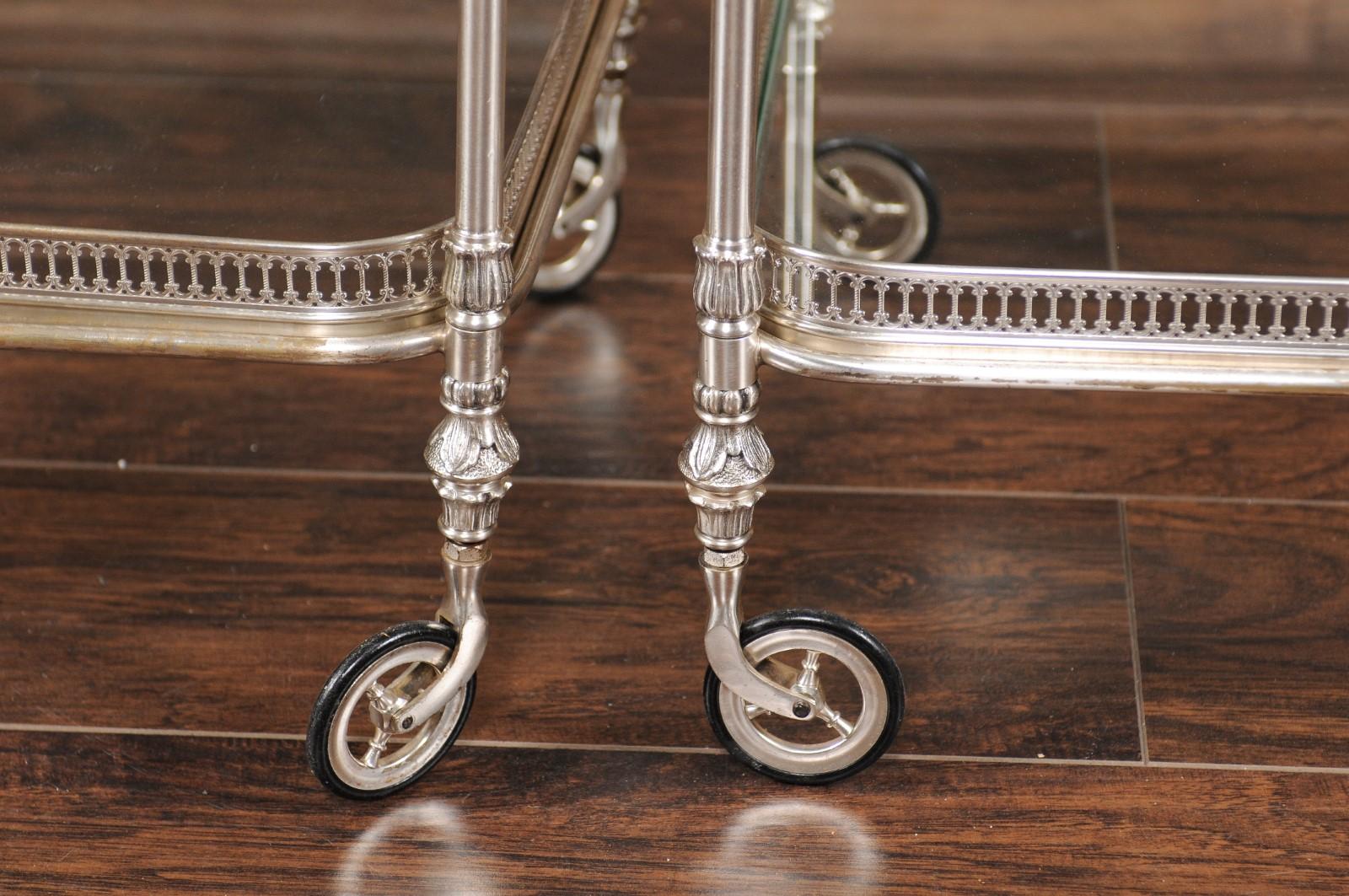 Mid-Century Modern Vintage Pair of Italian Midcentury Silvered and Glass Trolleys with Galleries
