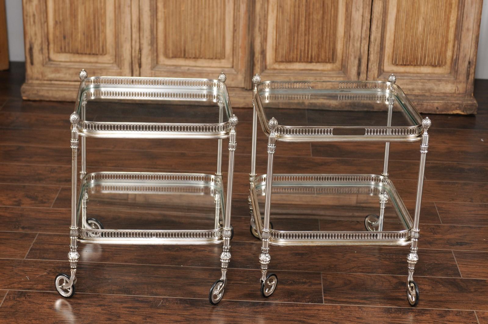 Vintage Pair of Italian Midcentury Silvered and Glass Trolleys with Galleries 1