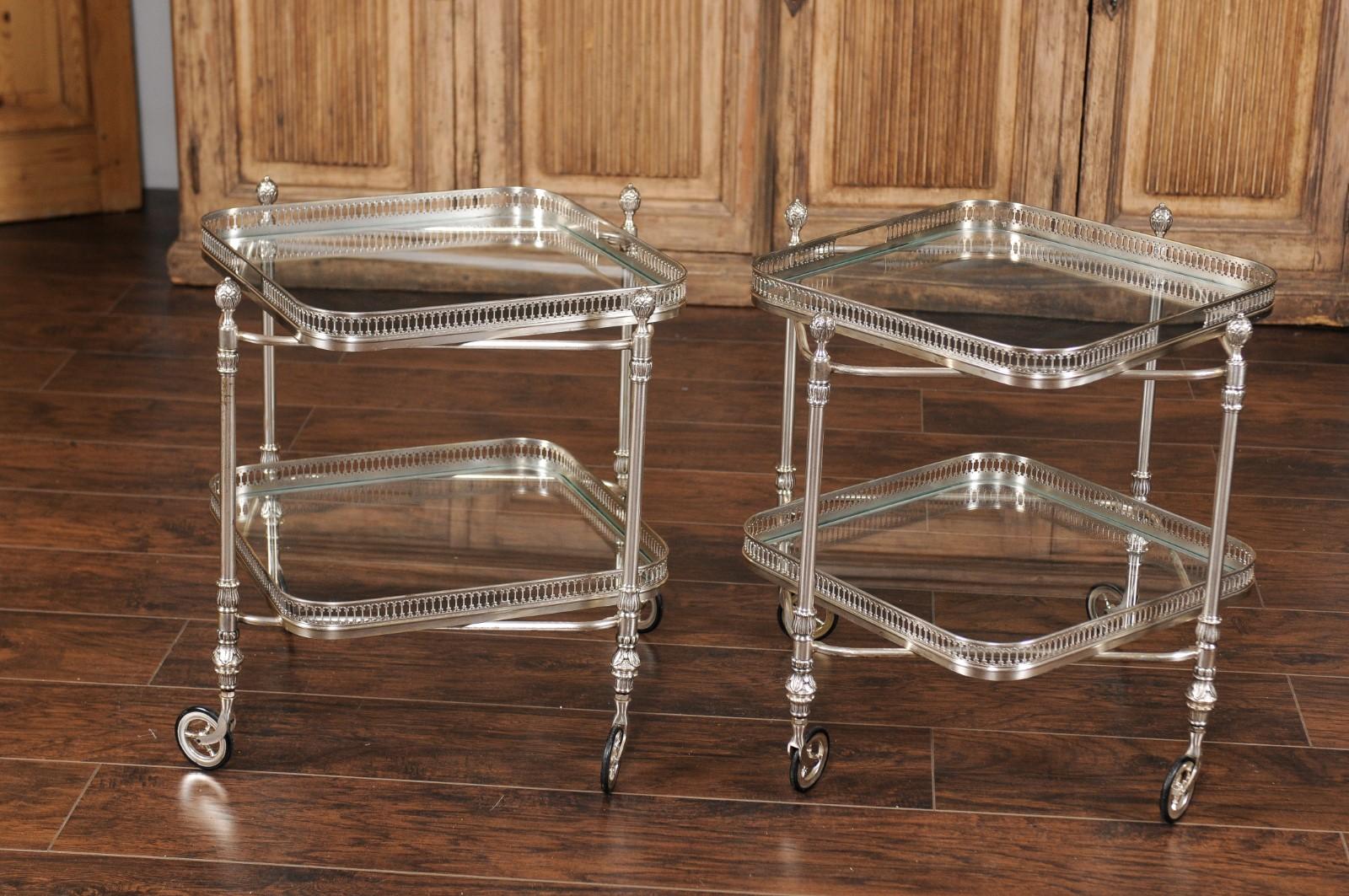 Vintage Pair of Italian Midcentury Silvered and Glass Trolleys with Galleries 2