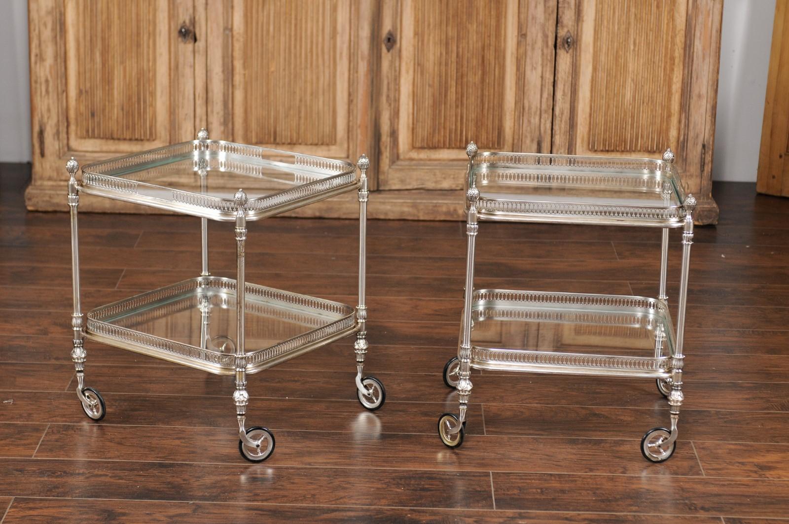 Vintage Pair of Italian Midcentury Silvered and Glass Trolleys with Galleries 4
