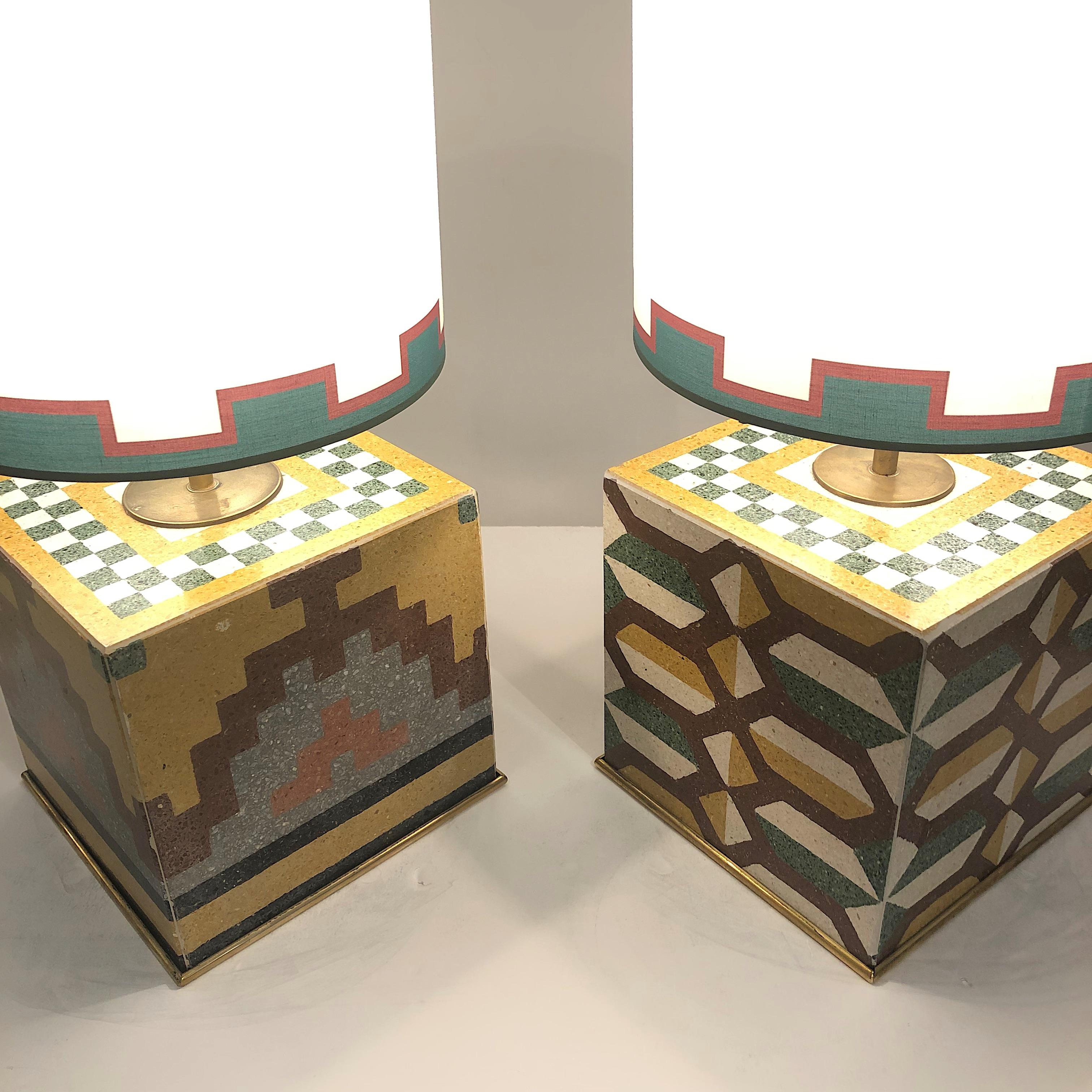 Vintage Pair of Italian Mosaic Cement Tile Cube Lamps with Custom Shades 3