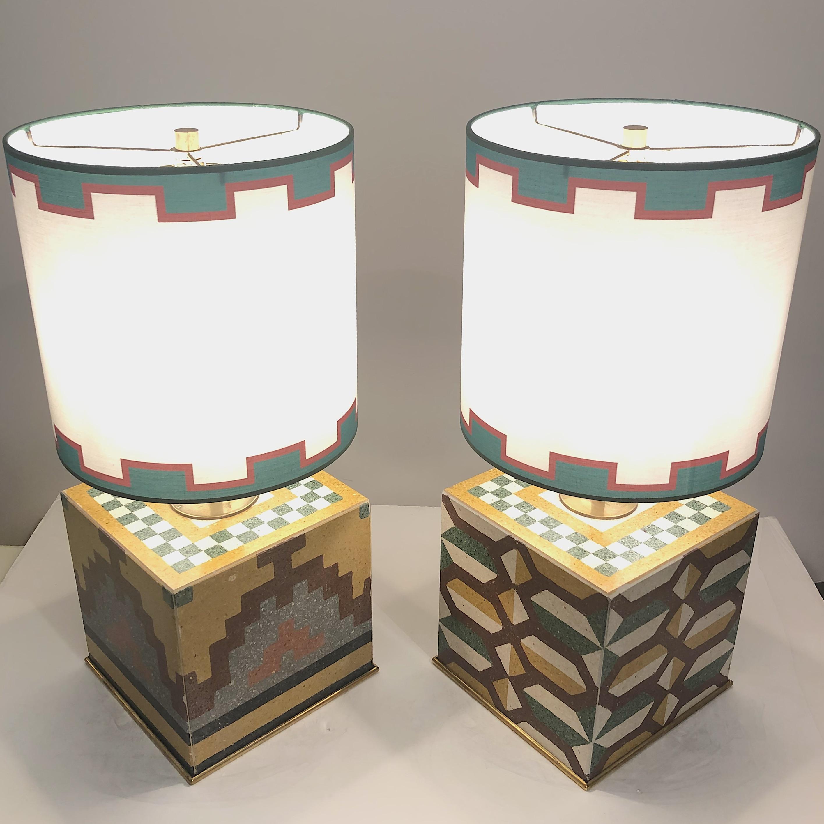 Vintage Pair of Italian Mosaic Cement Tile Cube Lamps with Custom Shades 4