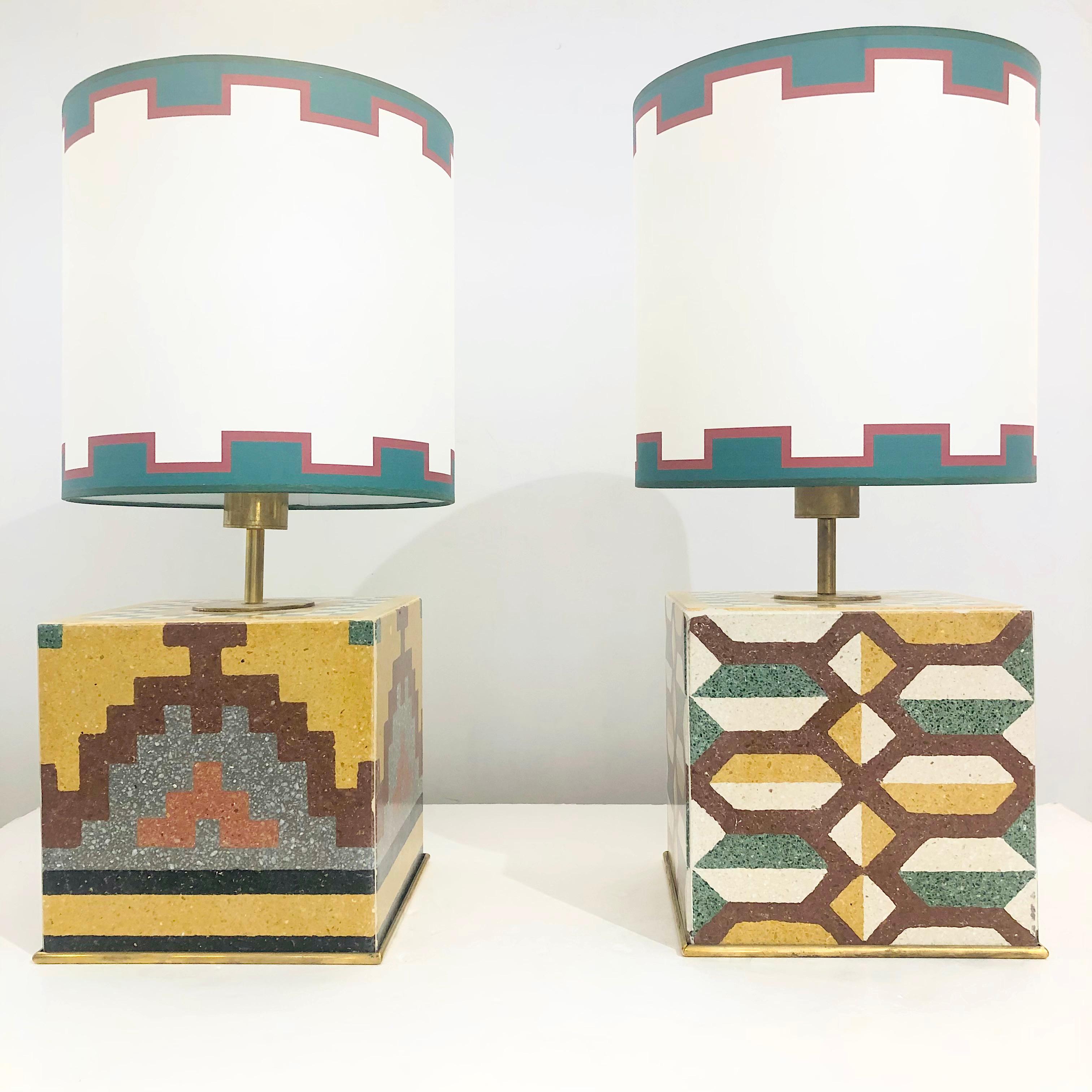 Mid-Century Modern Vintage Pair of Italian Mosaic Cement Tile Cube Lamps with Custom Shades