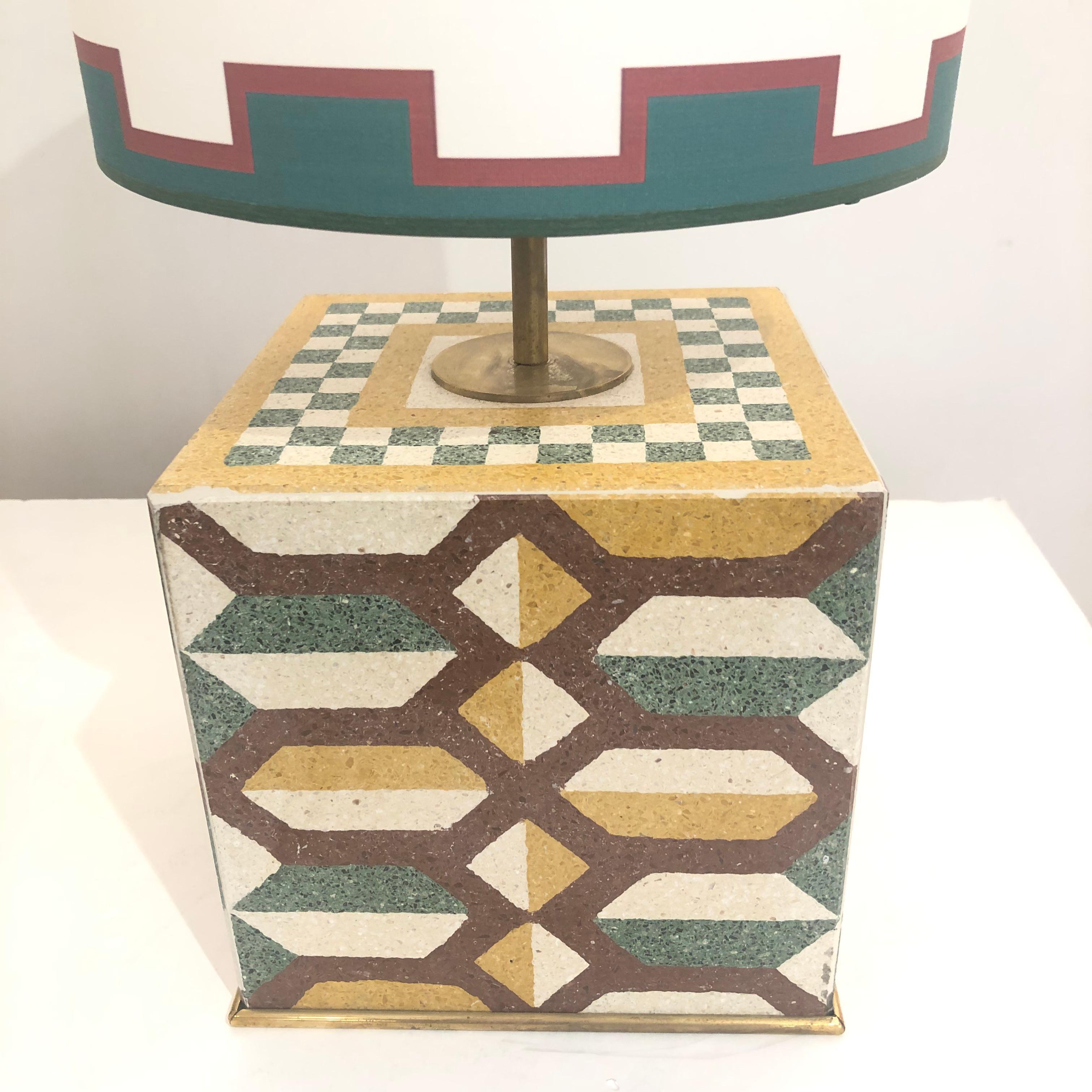 Varnished Vintage Pair of Italian Mosaic Cement Tile Cube Lamps with Custom Shades