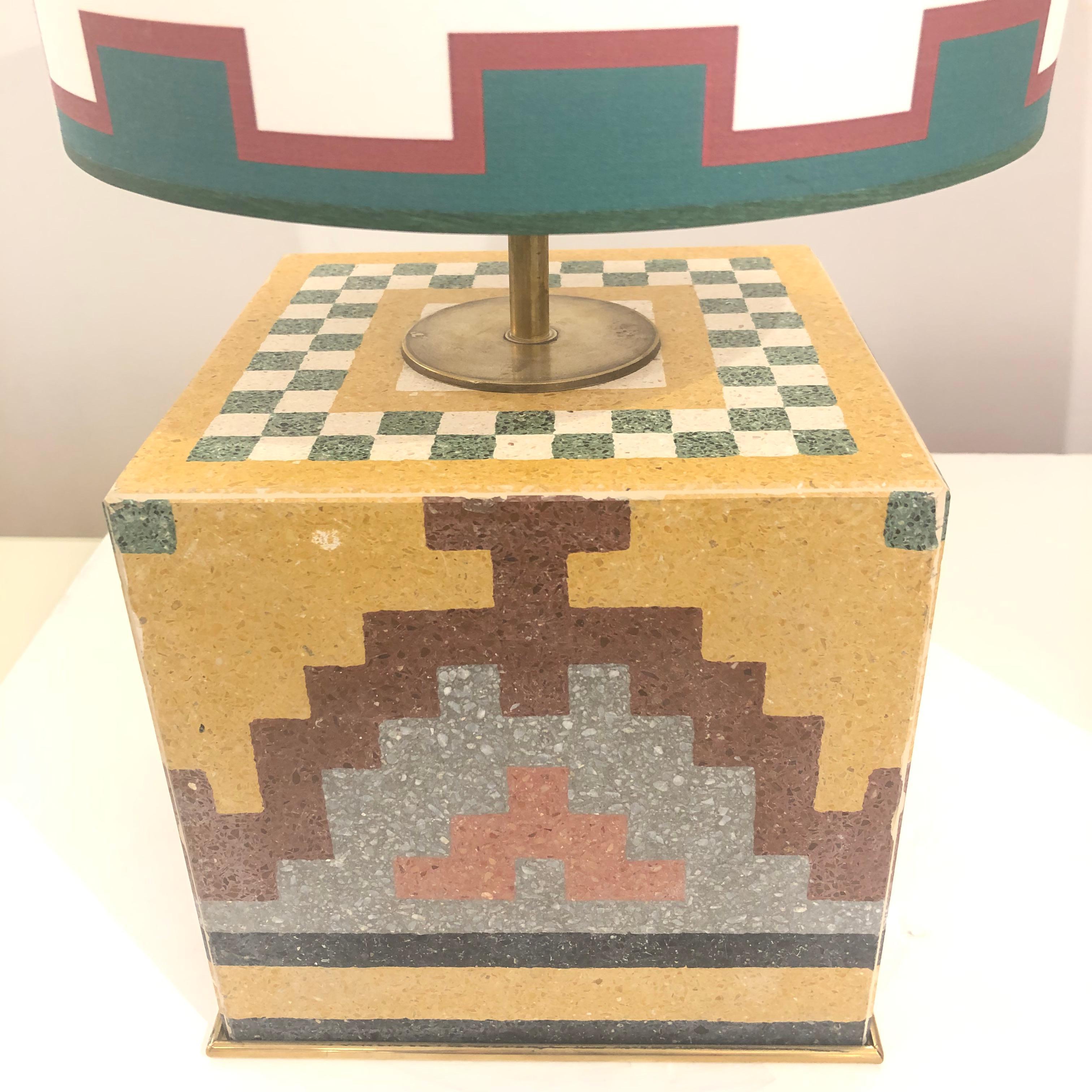 Vintage Pair of Italian Mosaic Cement Tile Cube Lamps with Custom Shades In Excellent Condition In New York, NY