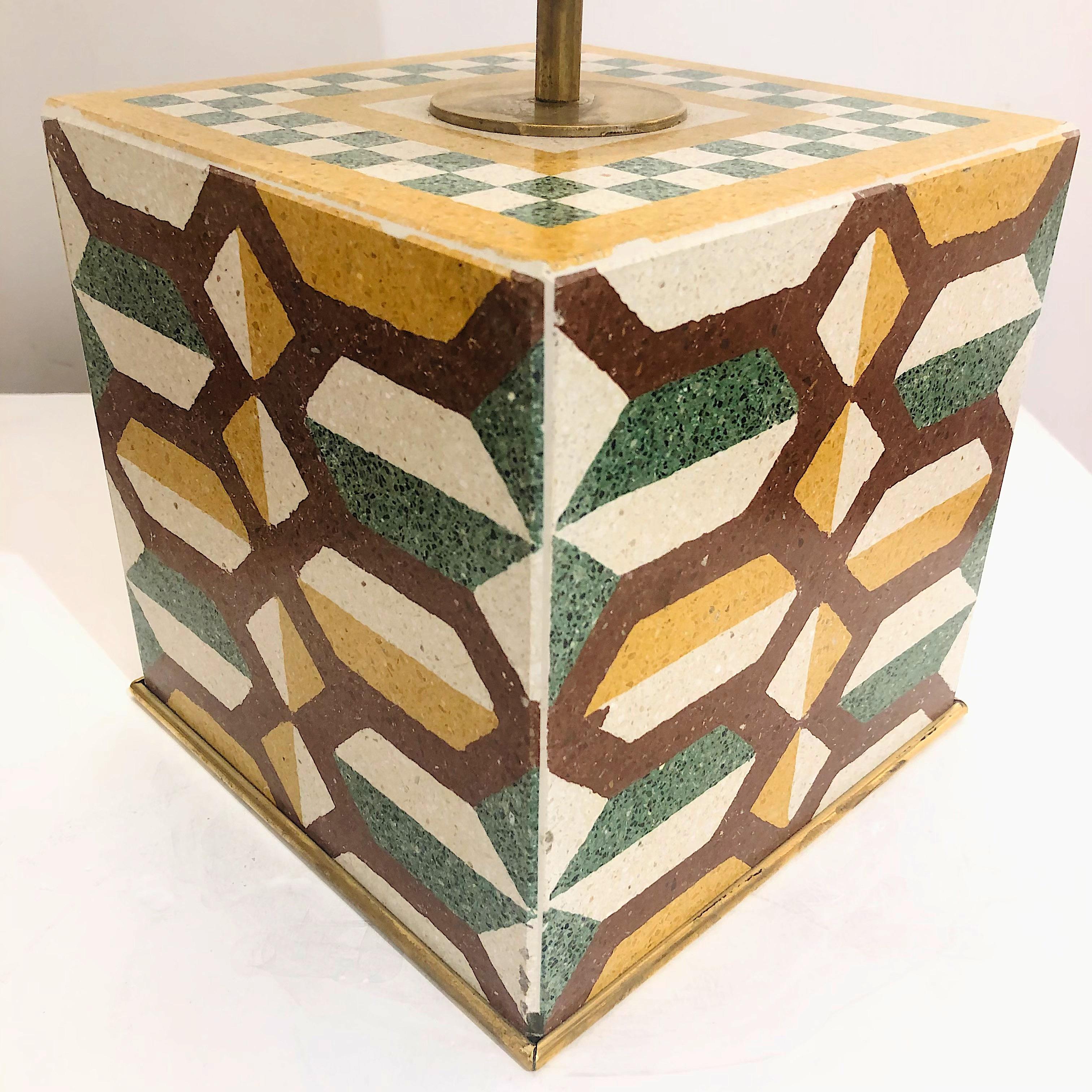 Ceramic Vintage Pair of Italian Mosaic Cement Tile Cube Lamps with Custom Shades