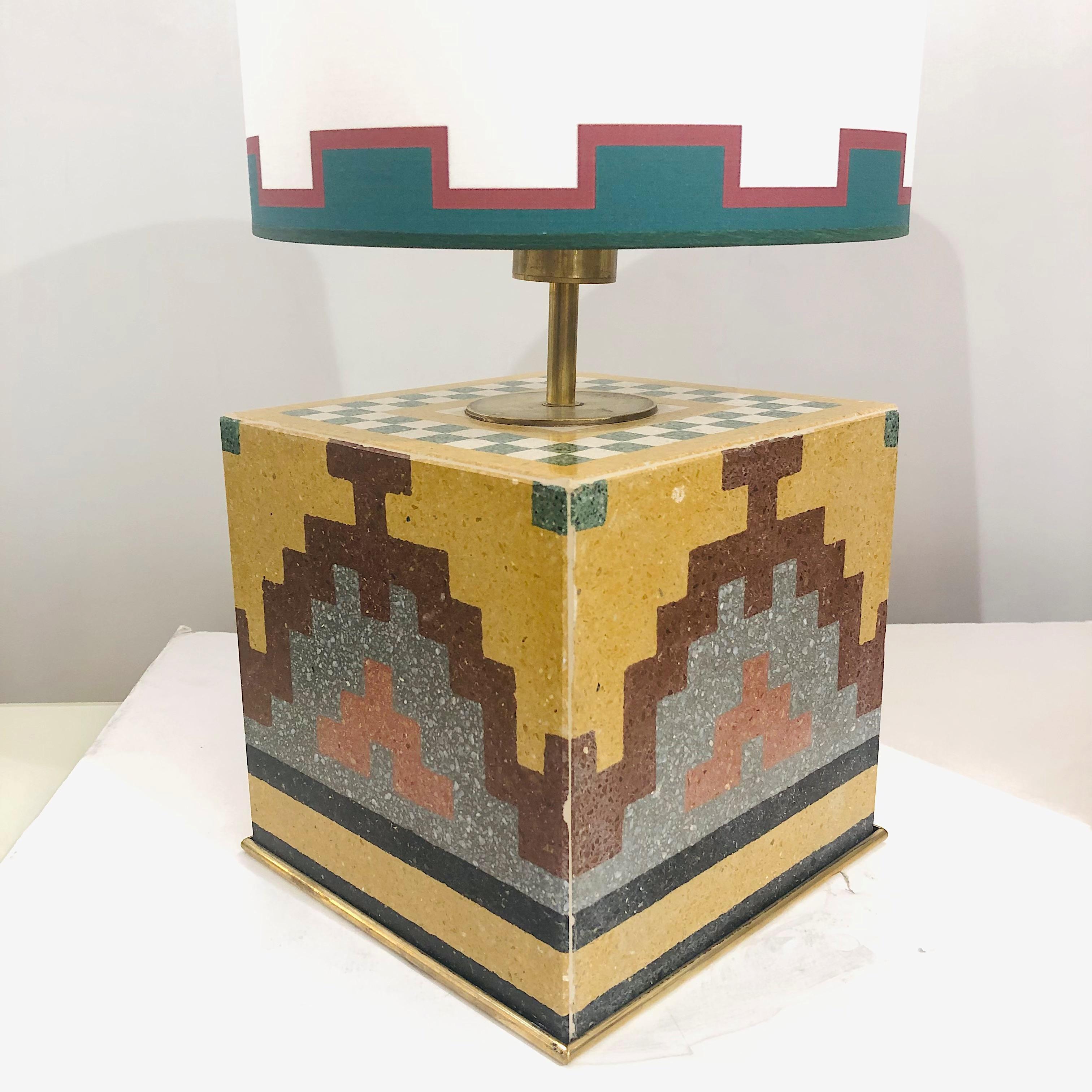 Vintage Pair of Italian Mosaic Cement Tile Cube Lamps with Custom Shades 1