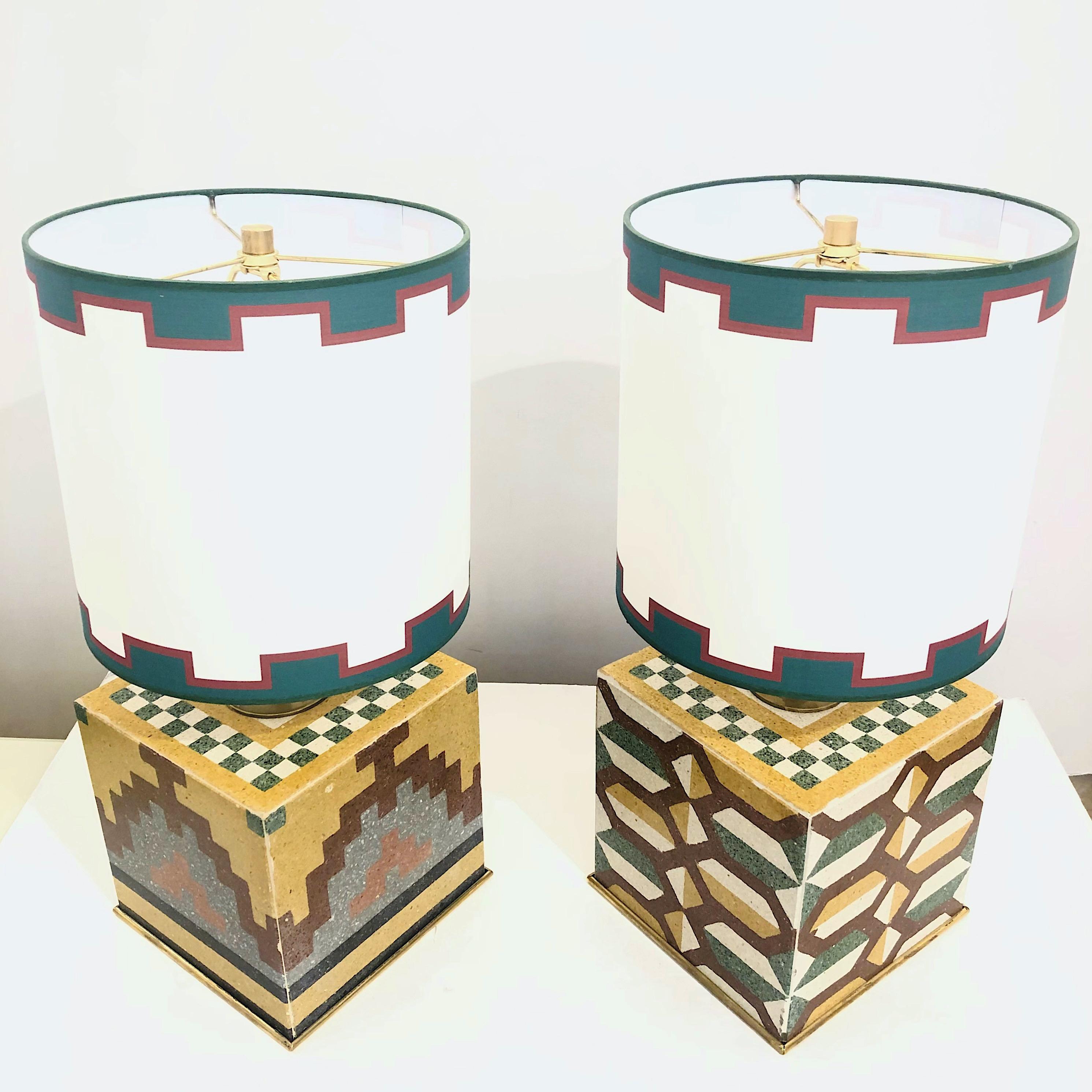 Vintage Pair of Italian Mosaic Cement Tile Cube Lamps with Custom Shades 2