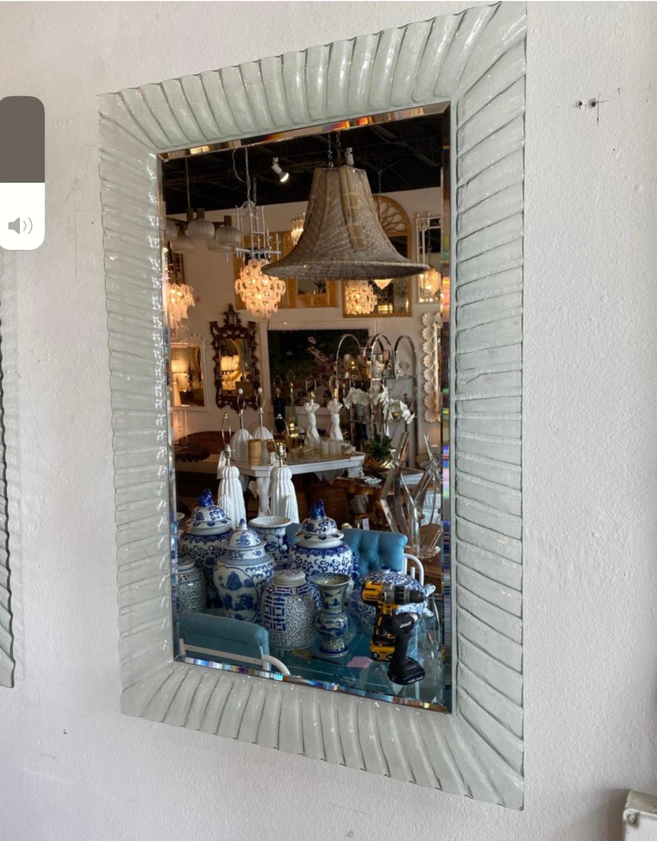 Hollywood Regency Vintage Pair of Italian Murano Wavy Ruffle Scalloped Glass Wall Mirrors 