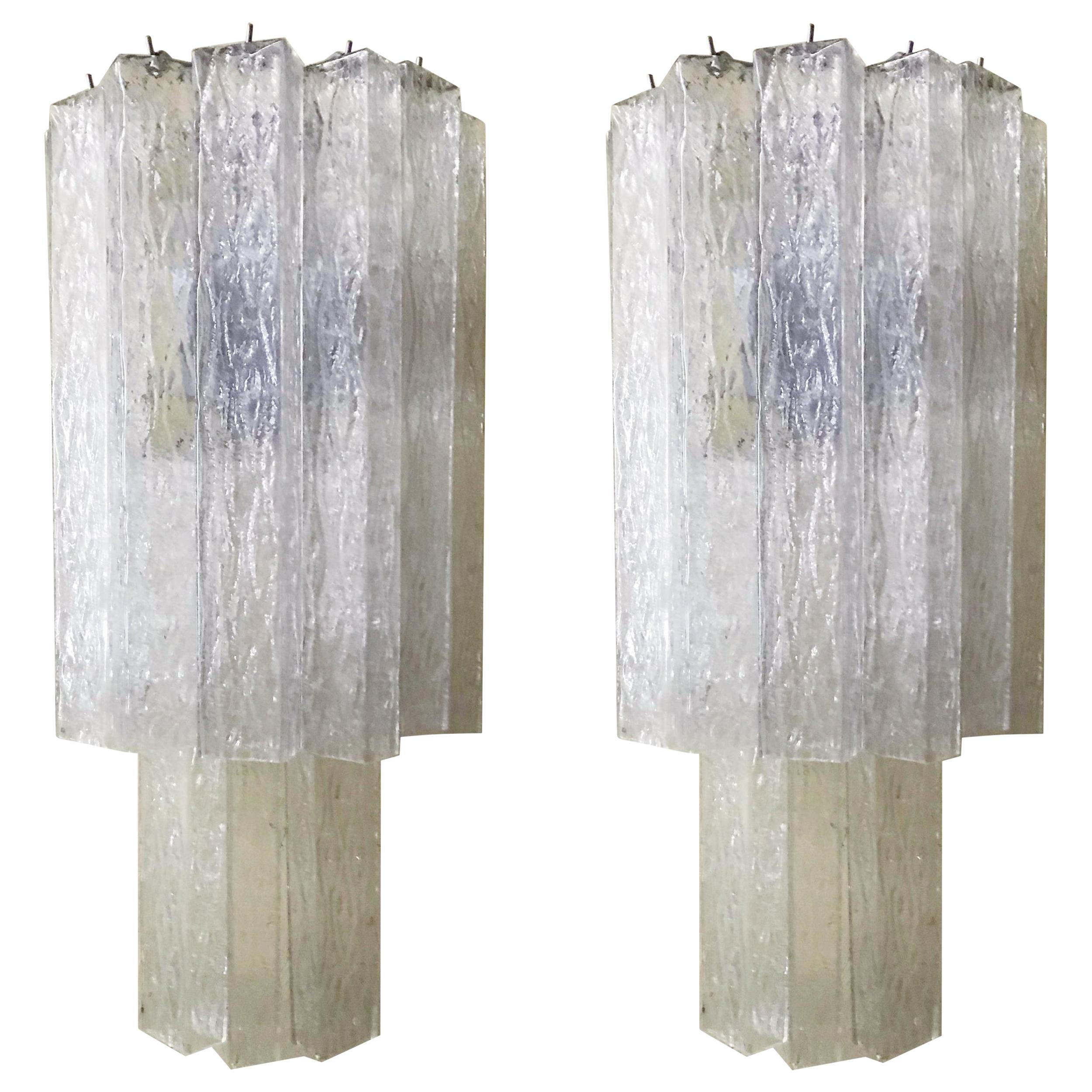 Vintage Pair of Italian Sconces w/ Clear Rectangular Murano Glass Cubes, 1960s For Sale