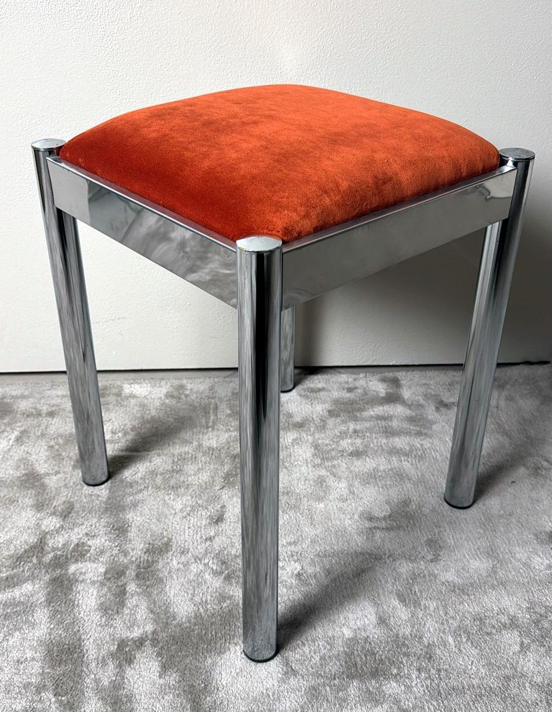 Vintage Pair Of Italian Steel Stools With Terracotta Velvet Seat 3