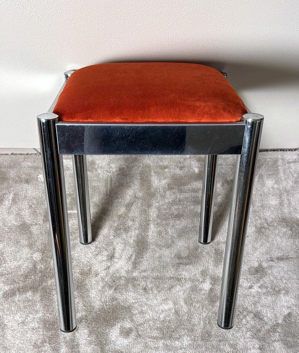 Vintage Pair Of Italian Steel Stools With Terracotta Velvet Seat 4