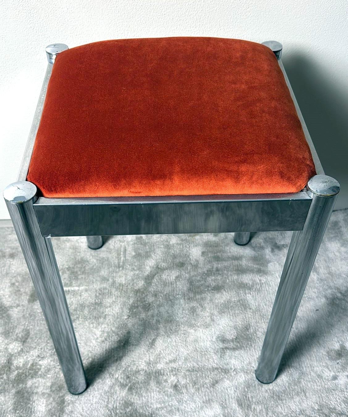 Vintage Pair Of Italian Steel Stools With Terracotta Velvet Seat 5