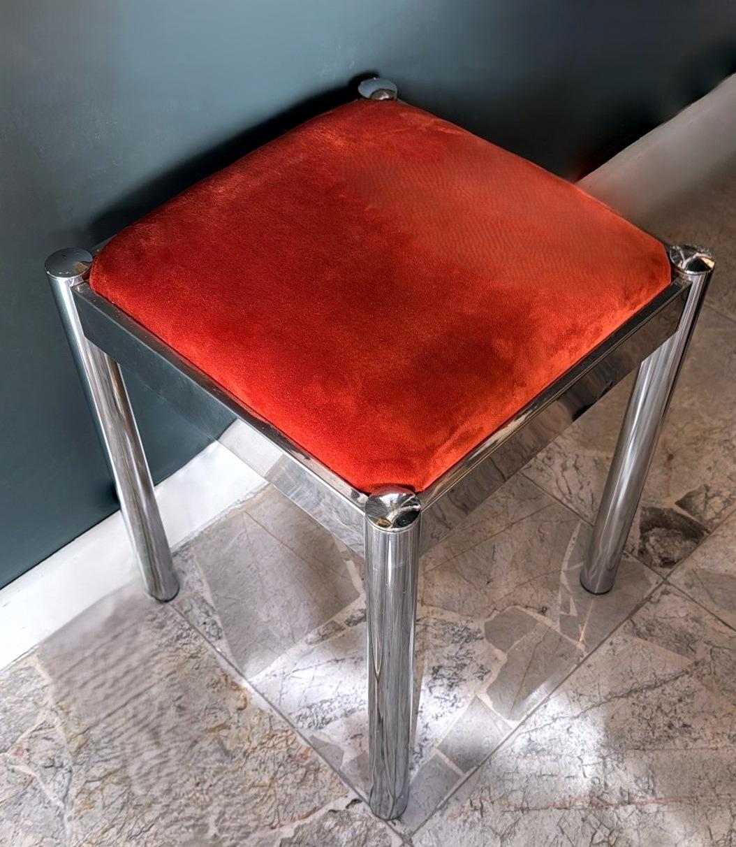 Vintage Pair Of Italian Steel Stools With Terracotta Velvet Seat 6
