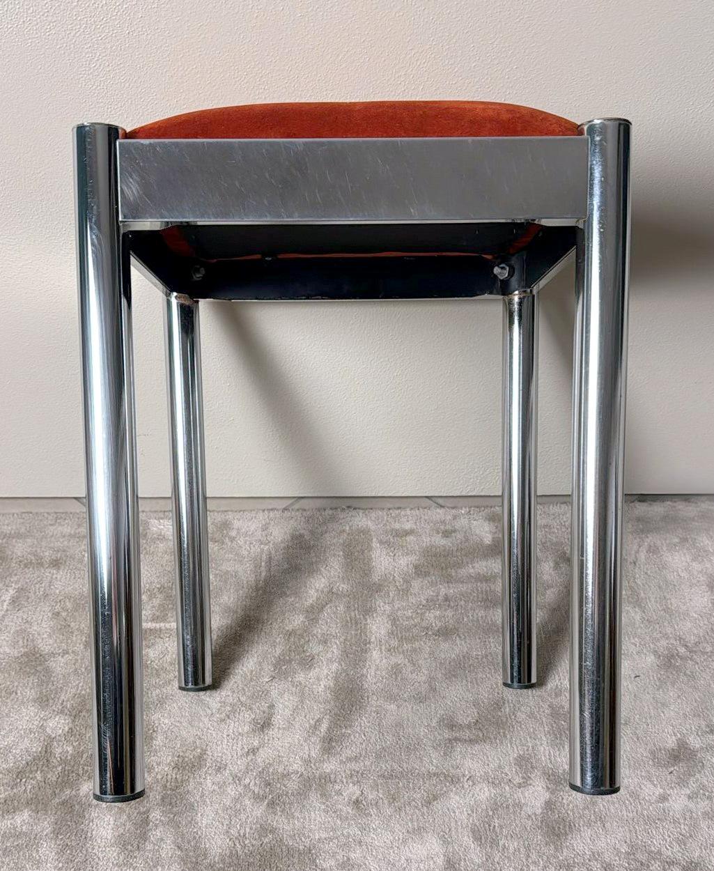 Vintage Pair Of Italian Steel Stools With Terracotta Velvet Seat 7