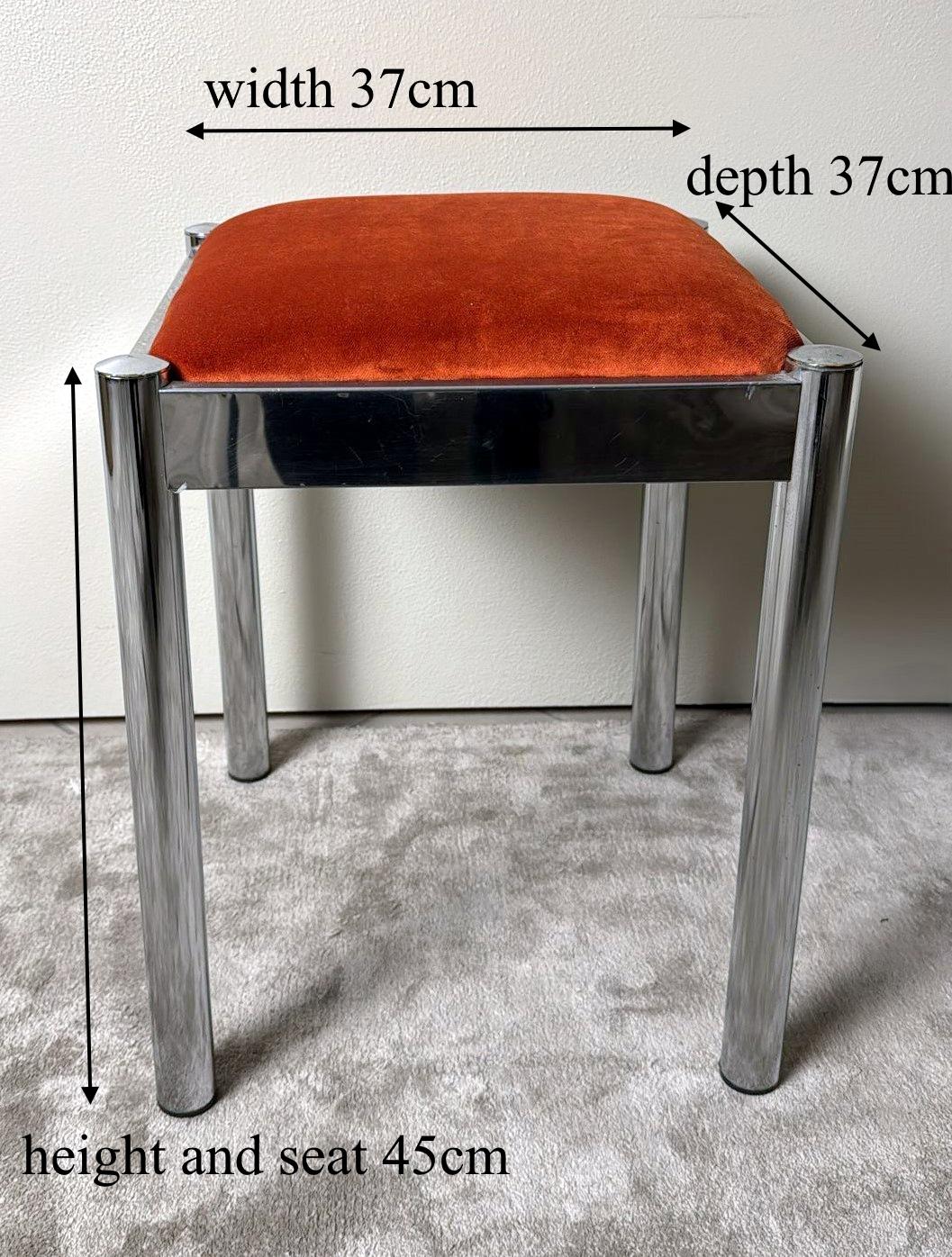 Vintage Pair Of Italian Steel Stools With Terracotta Velvet Seat 13