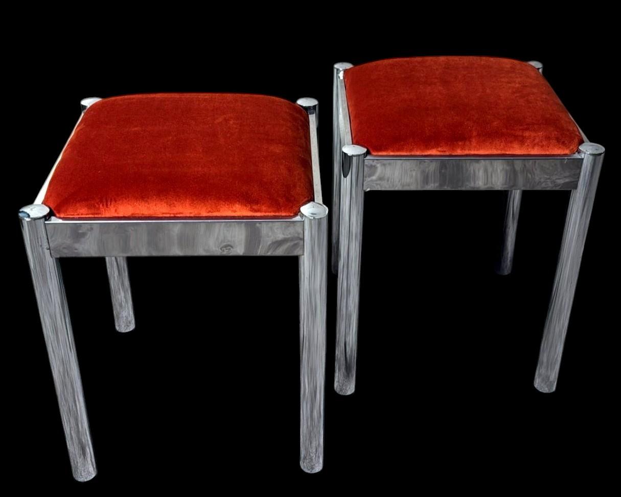 Mid-Century Modern Vintage Pair Of Italian Steel Stools With Terracotta Velvet Seat
