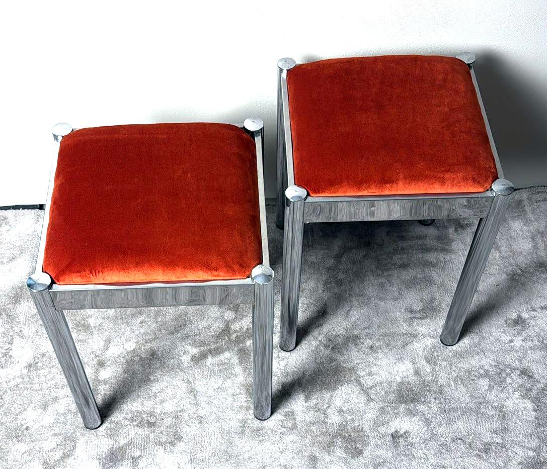 20th Century Vintage Pair Of Italian Steel Stools With Terracotta Velvet Seat