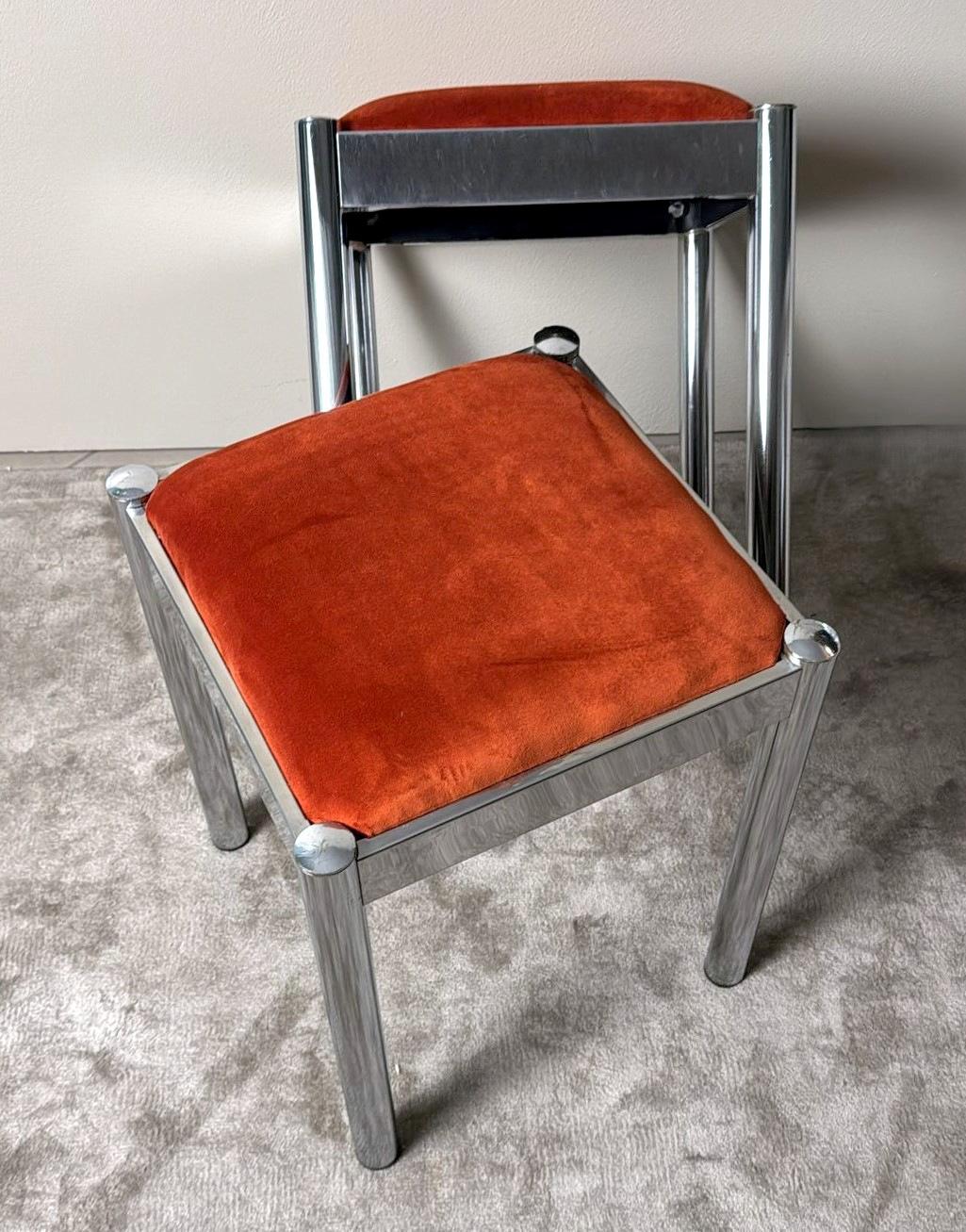 Stainless Steel Vintage Pair Of Italian Steel Stools With Terracotta Velvet Seat