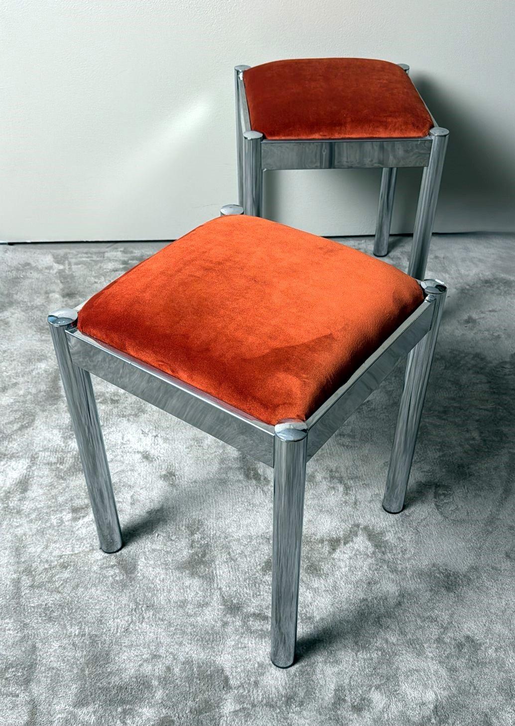 Vintage Pair Of Italian Steel Stools With Terracotta Velvet Seat 1