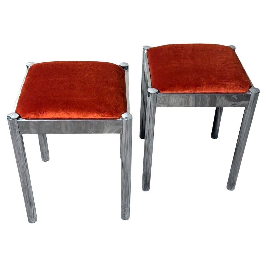 Vintage Pair Of Italian Steel Stools With Terracotta Velvet Seat