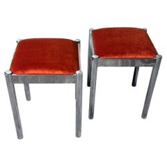 Vintage Pair Of Italian Steel Stools With Terracotta Velvet Seat